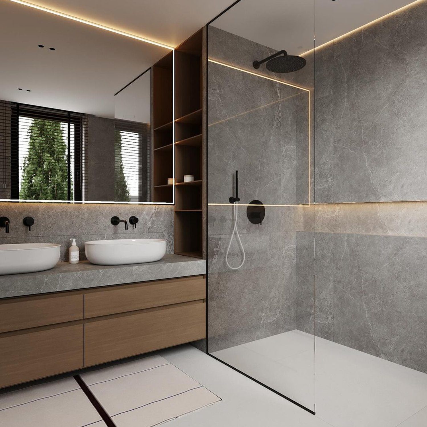 A modern and stylish bathroom design with sleek fixtures and ambient lighting