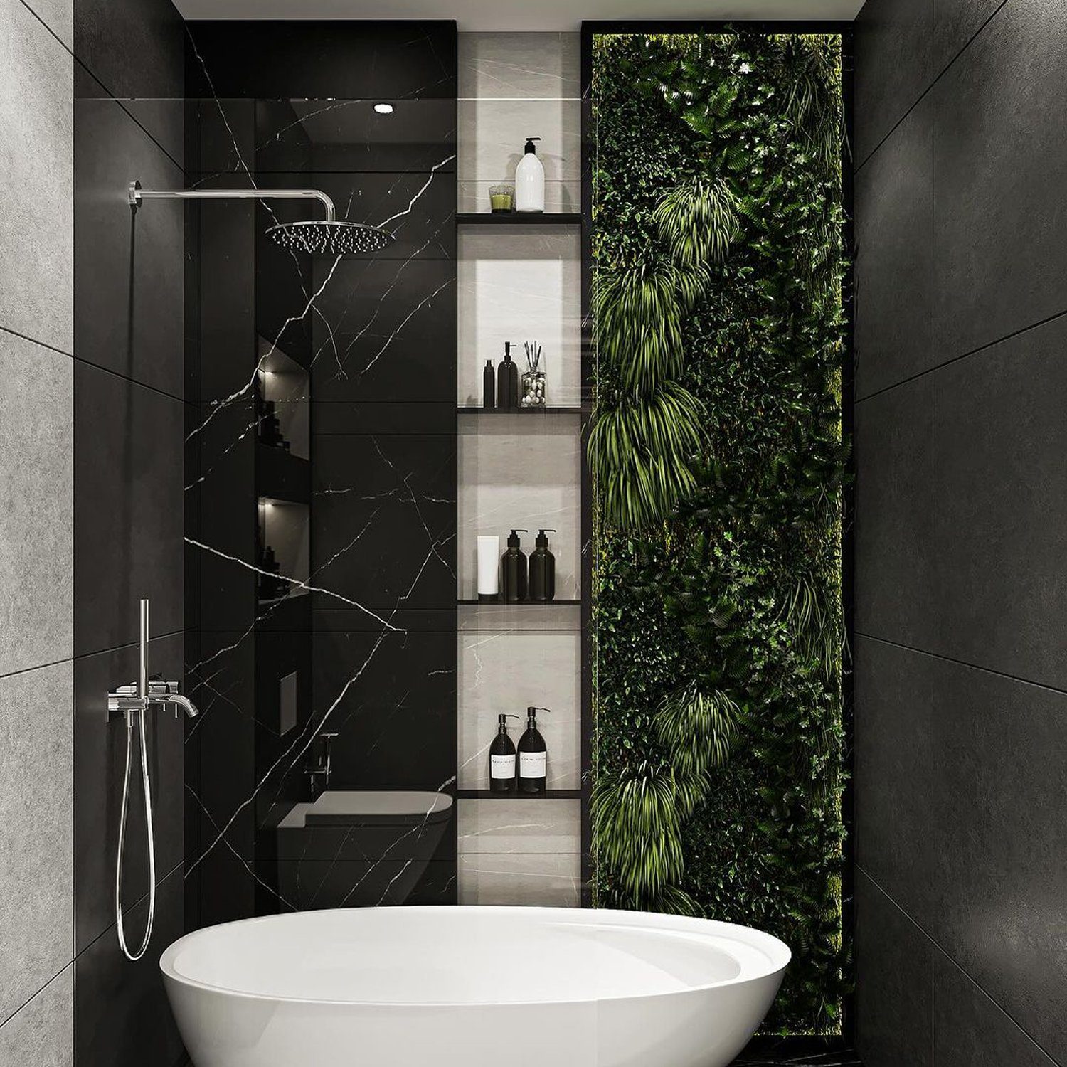 Luxurious bathroom with a vertical garden