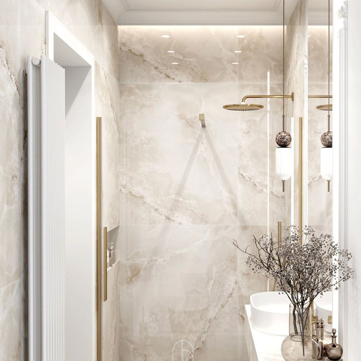 Elegant bathroom with cream marble-effect tiles