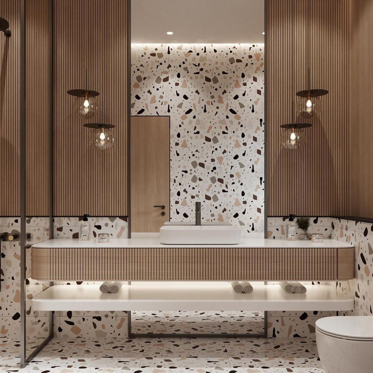 Chic terrazzo and wood themed bathroom design