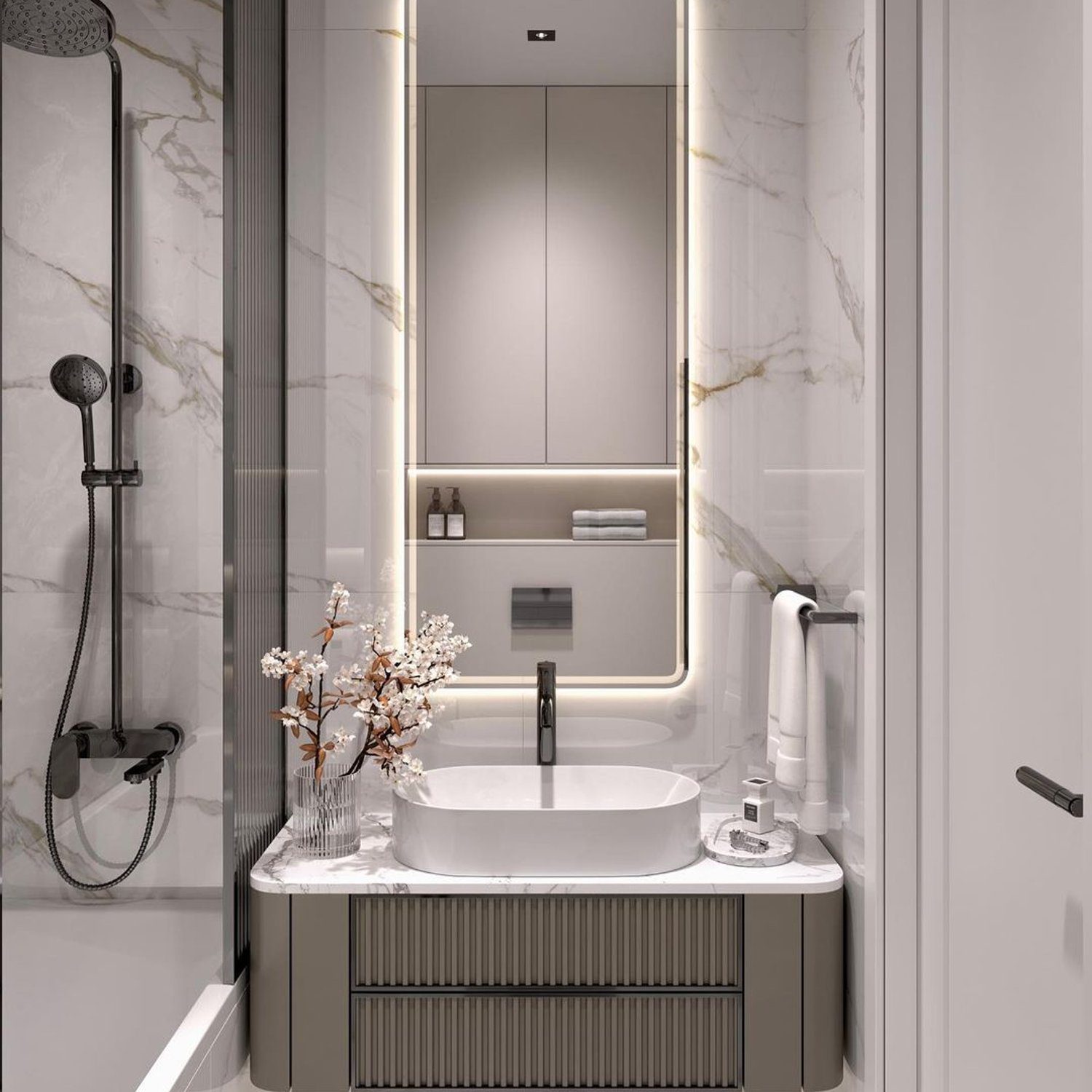 Elegant and modern bathroom featuring marble walls, a sleek rectangular basin, and a mirror with soft backlighting