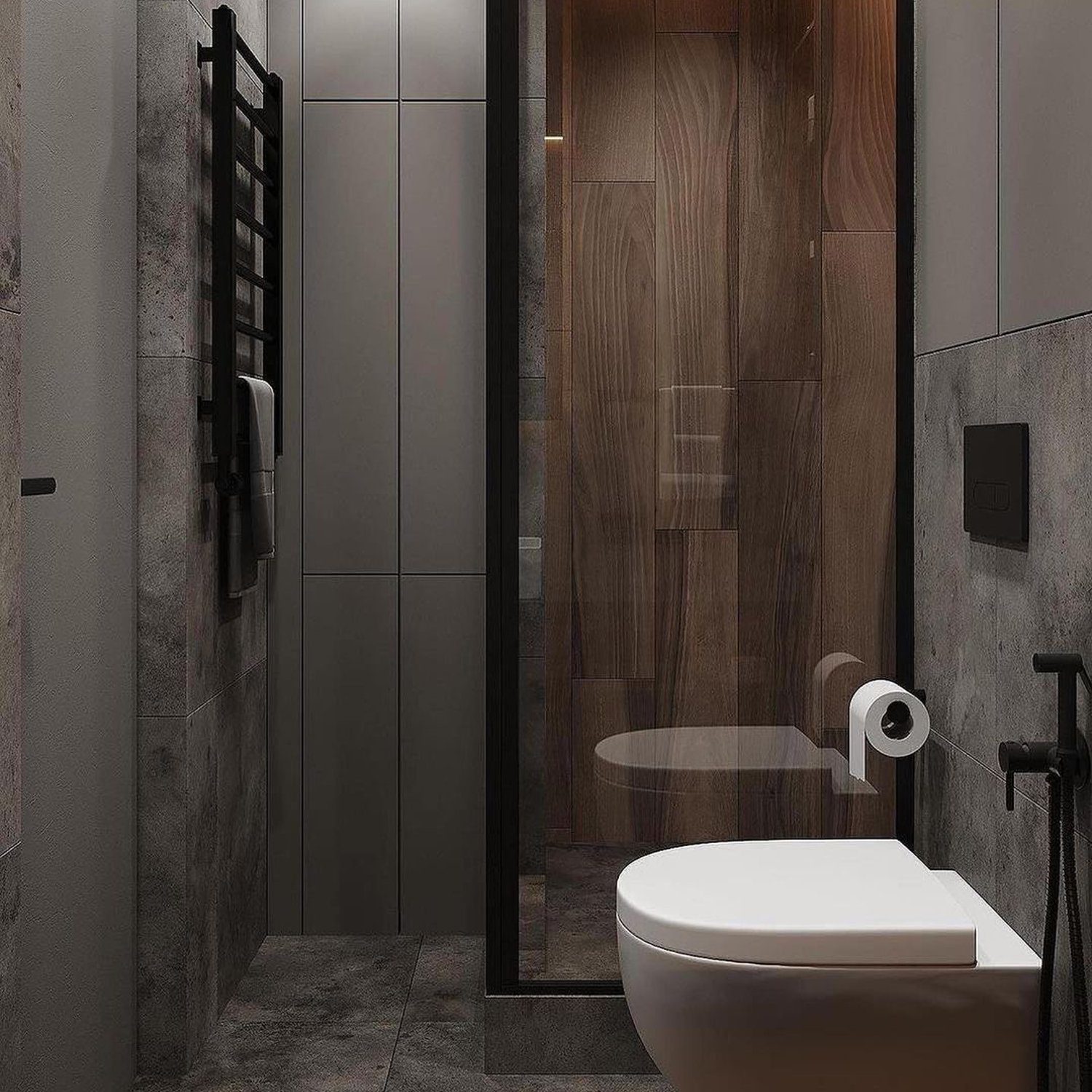 Contemporary bathroom design featuring sleek fixtures and contrasting textures