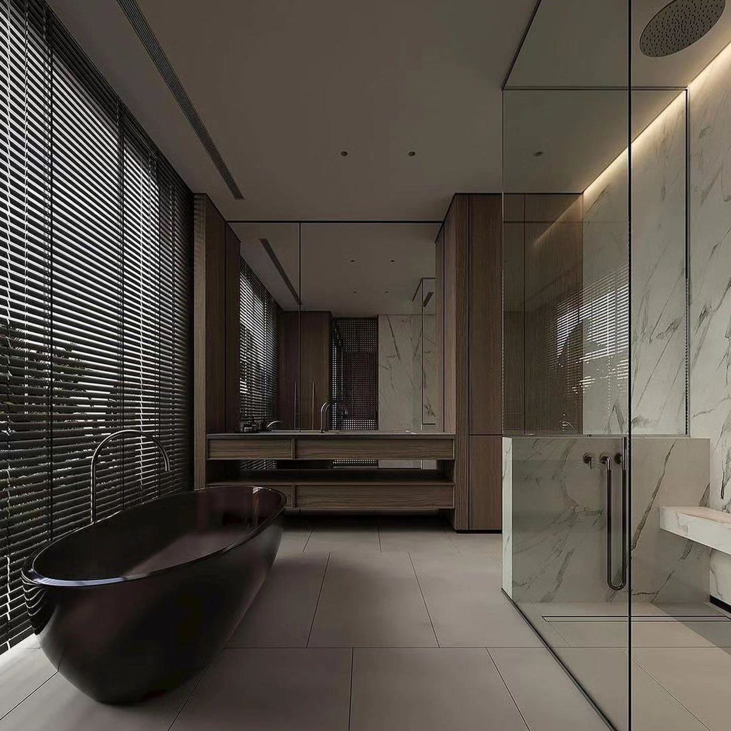 A sleek modern bathroom featuring dark tones and luxurious finishes