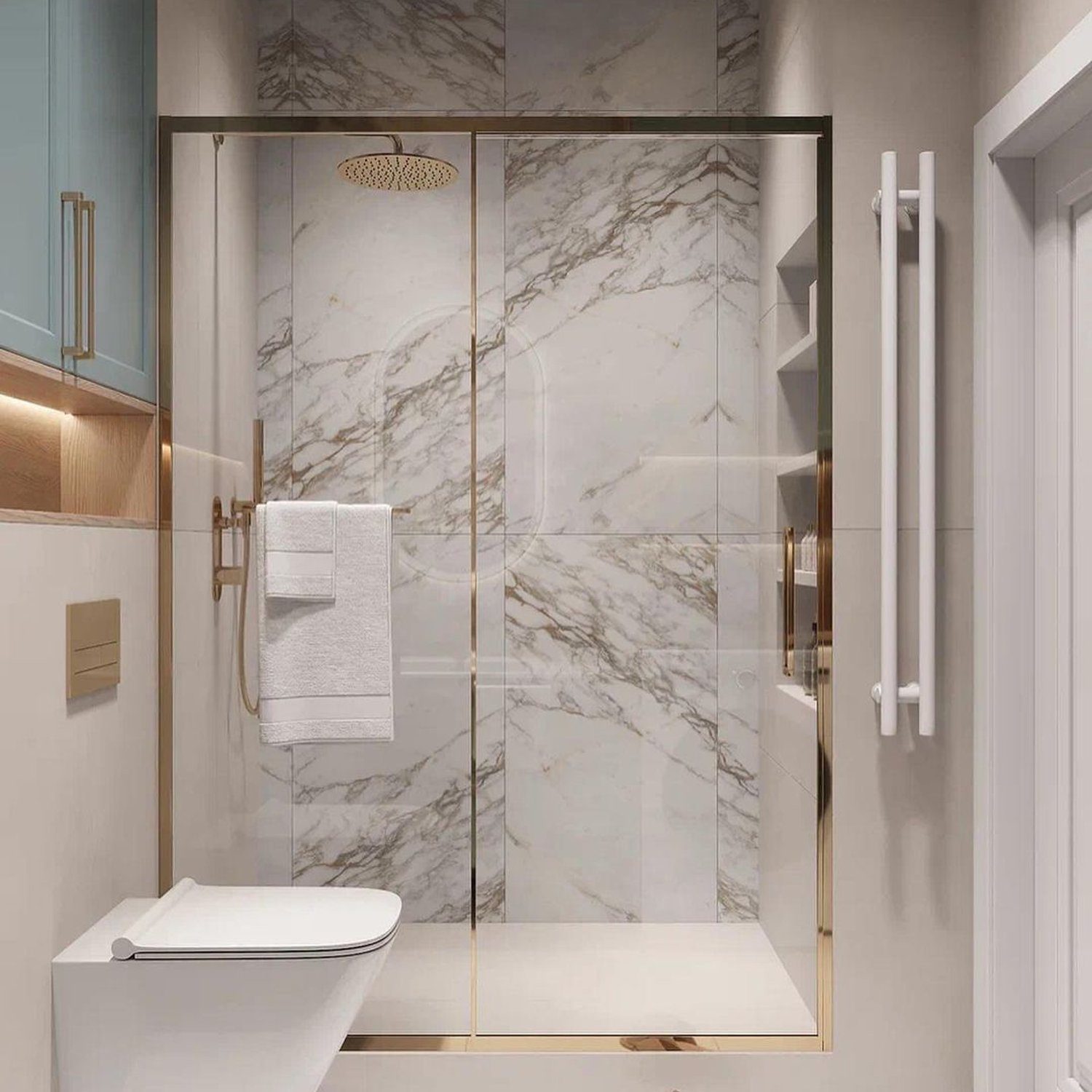 A sleek and modern bathroom with textured walls and gold accents