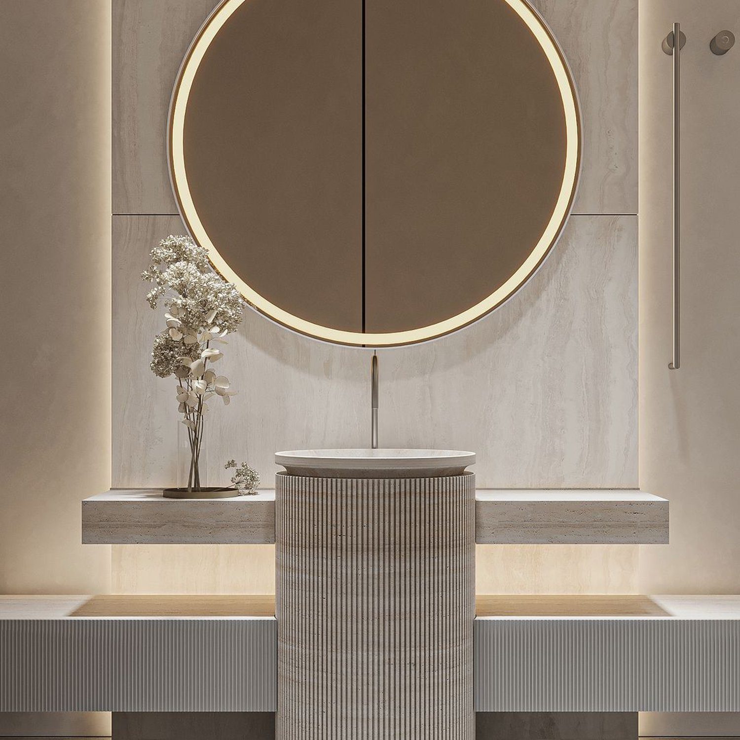 A modern bathroom with minimalist design featuring a large circular mirror with backlighting