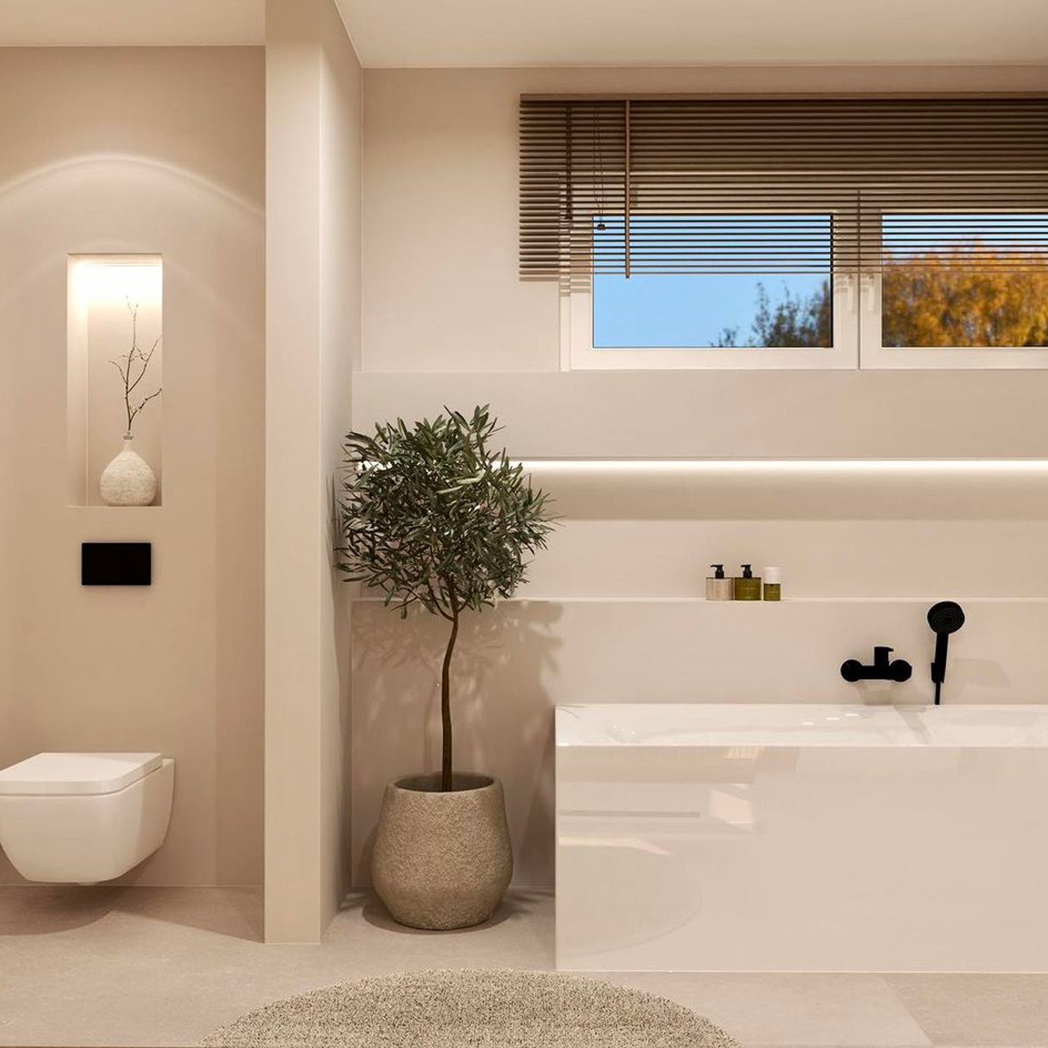 Elegantly designed modern bathroom featuring neutral tones