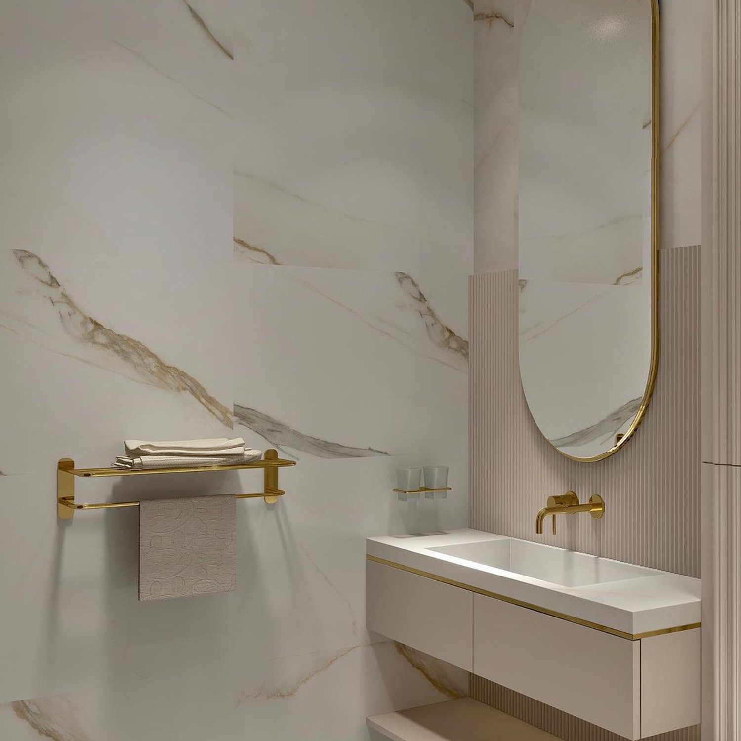 Elegant modern bathroom featuring marble walls and gold fixtures