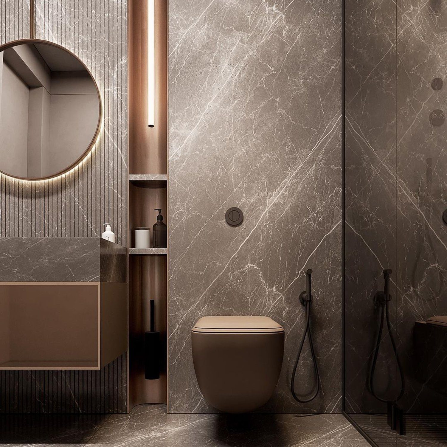 A luxurious modern bathroom with elegant dark marble walls