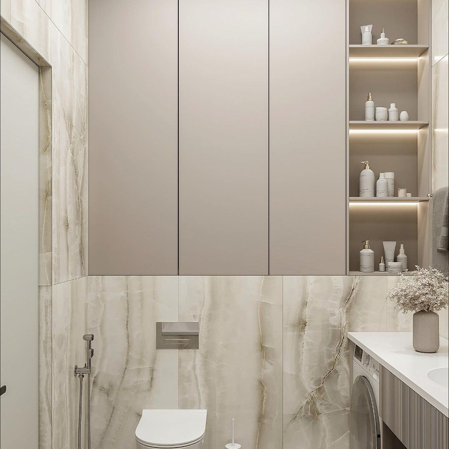 A modern, elegant bathroom with marble tiles