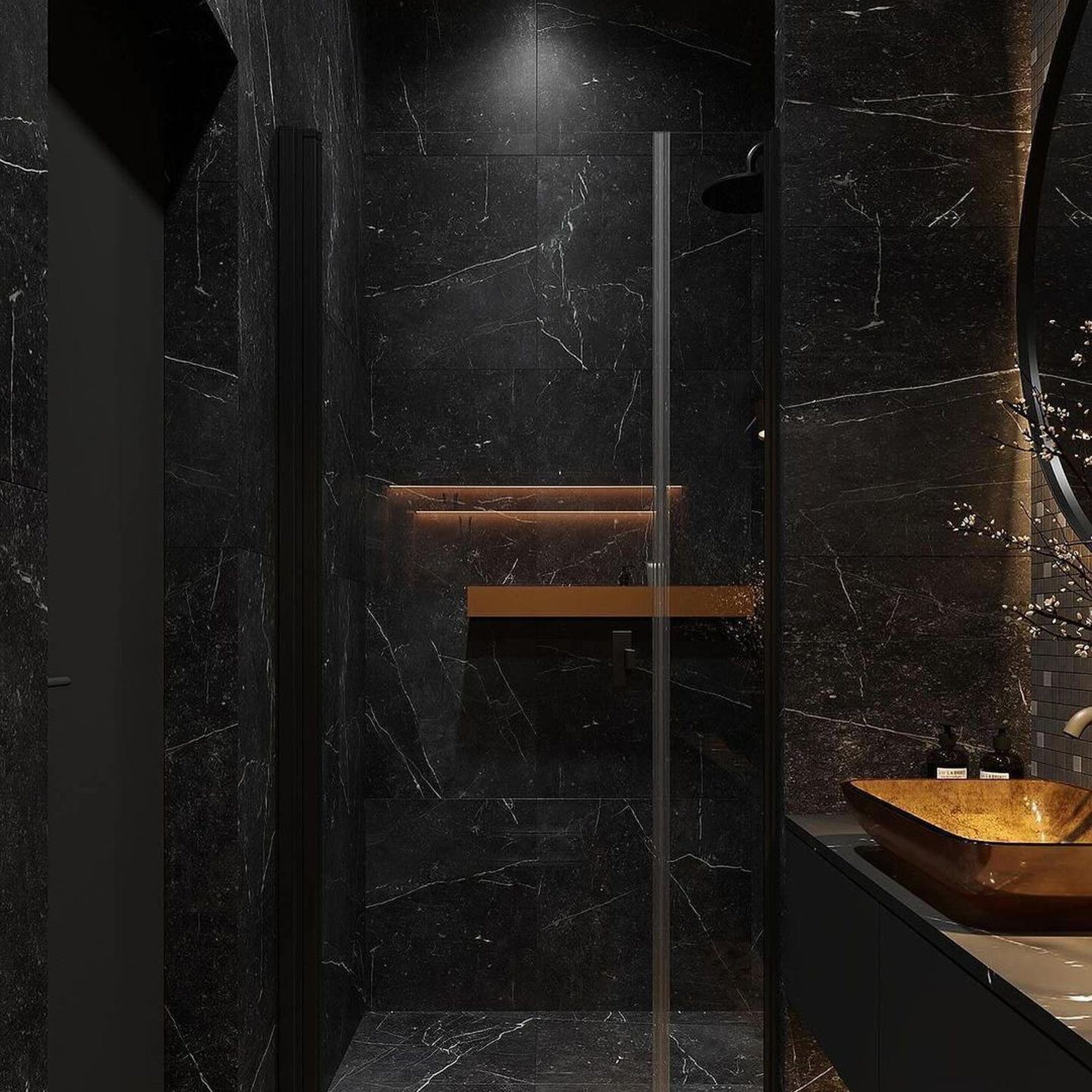 A luxurious modern bathroom with dark marble walls