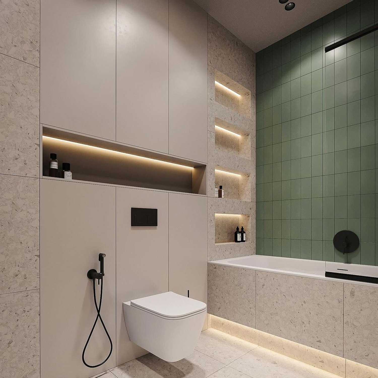 A sleek modern bathroom design with embedded lighting