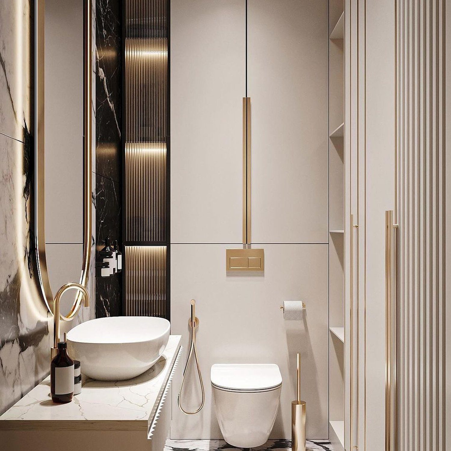 An elegant modern bathroom featuring marble elements and gold accents