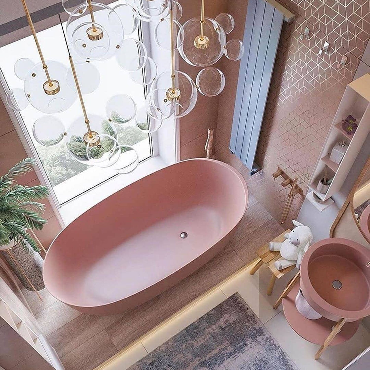 A stylish and modern bathroom design featuring pastel pink elements