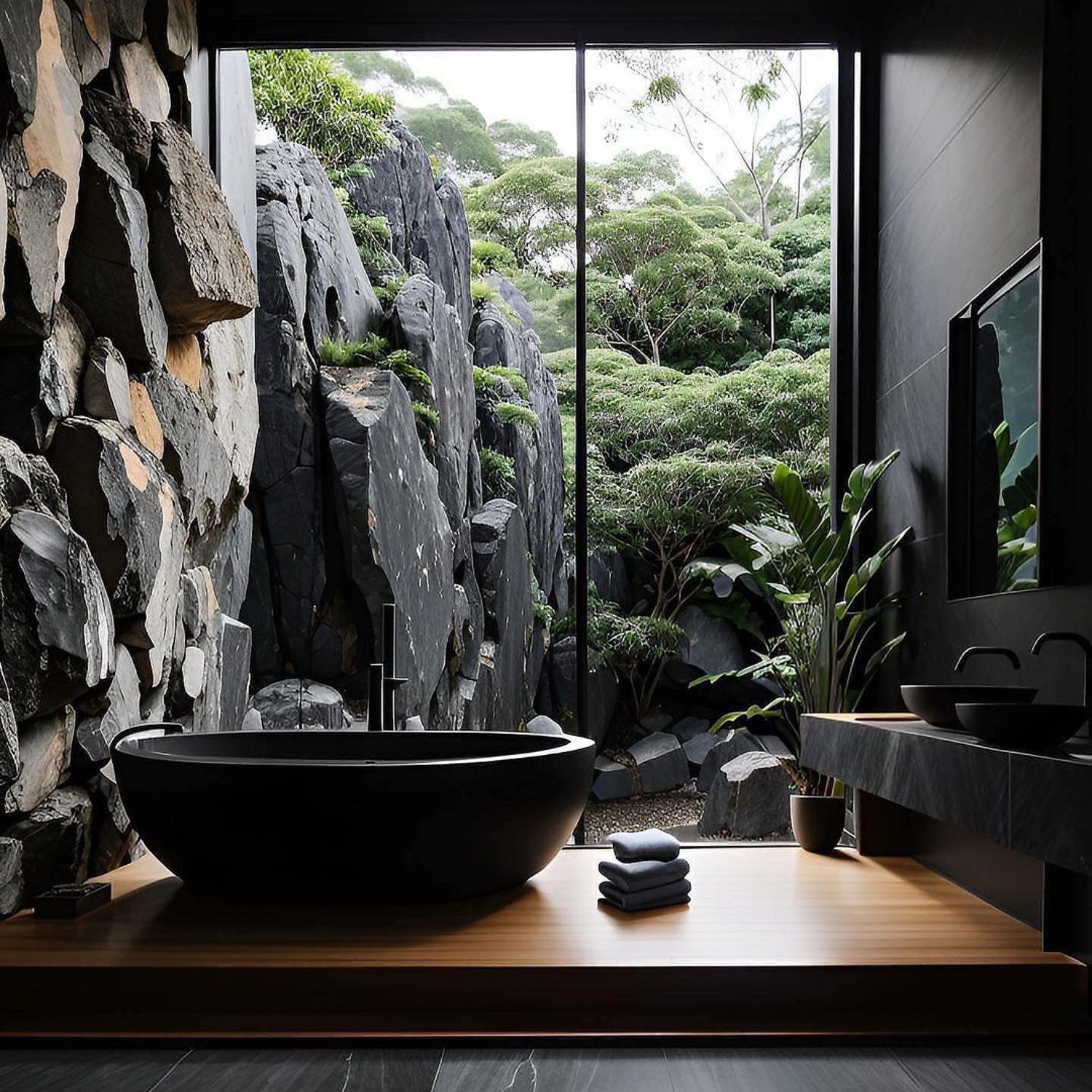 A serene bathroom with a nature view