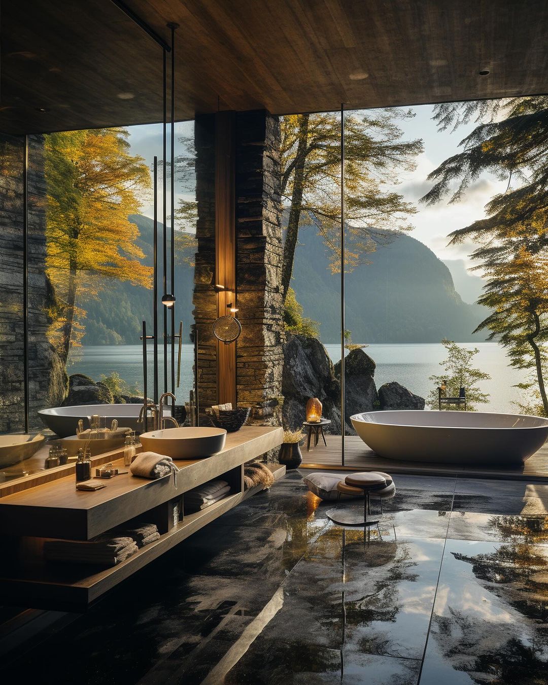 A serene bathroom with panoramic views