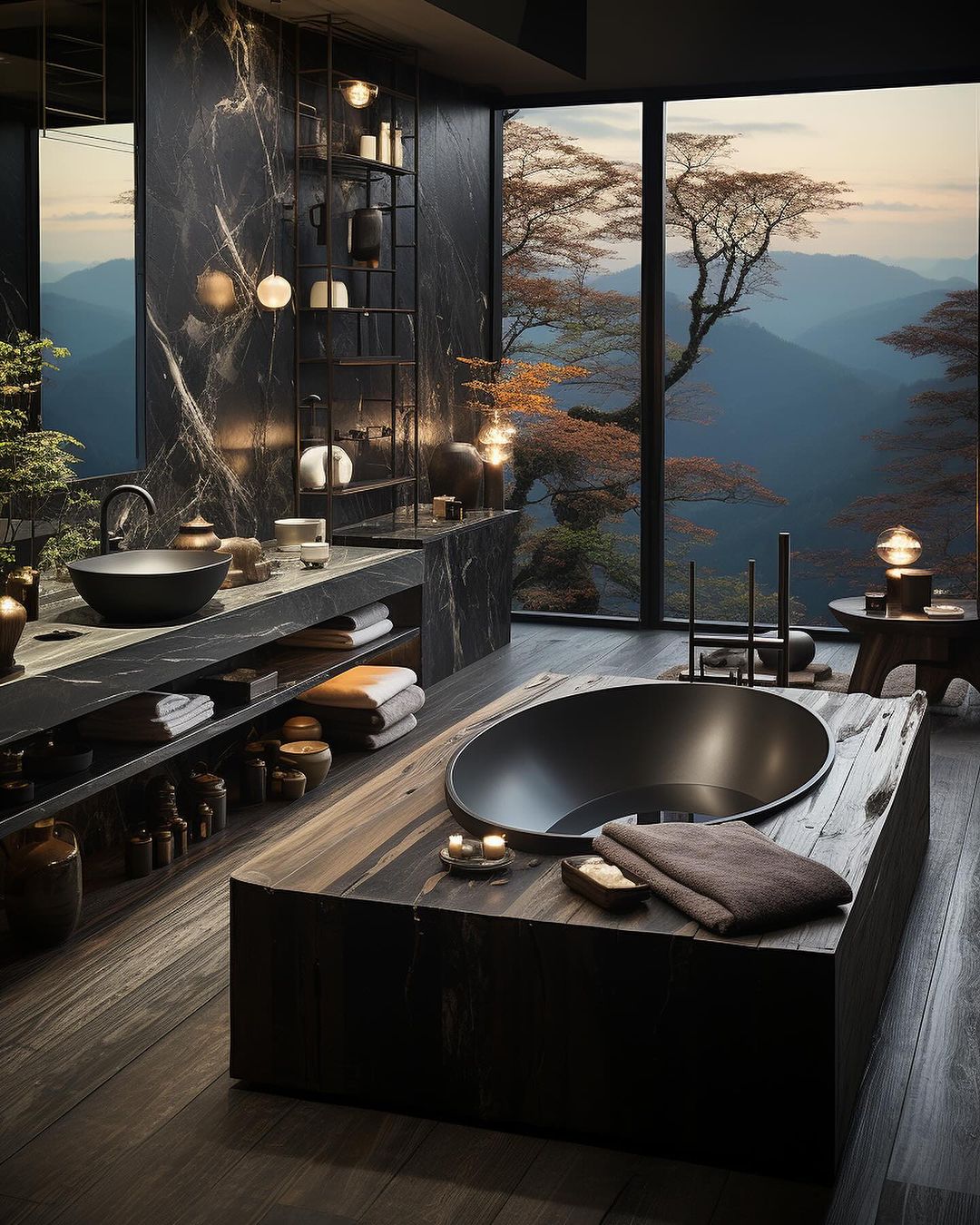 A luxurious bathroom with a serene view