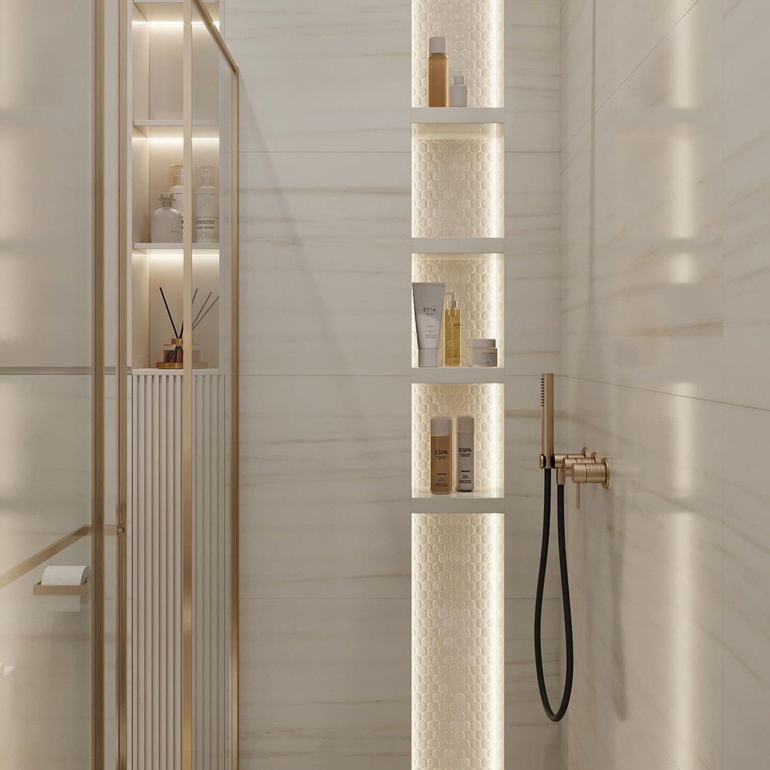 Elegant Marble Shower with Integrated Shelving