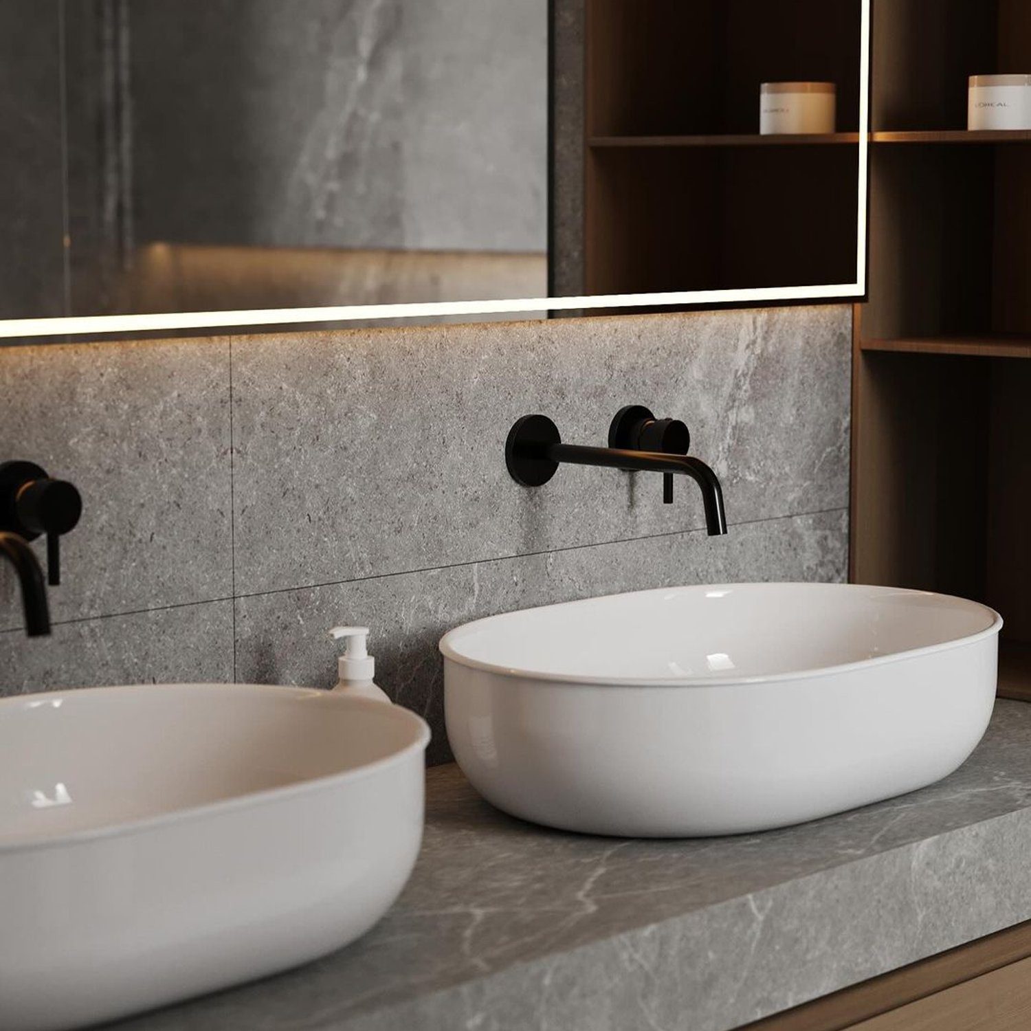 A modern and minimalist bathroom sink design featuring a sleek white basin, matte black faucet, and elegantly lit mirror.