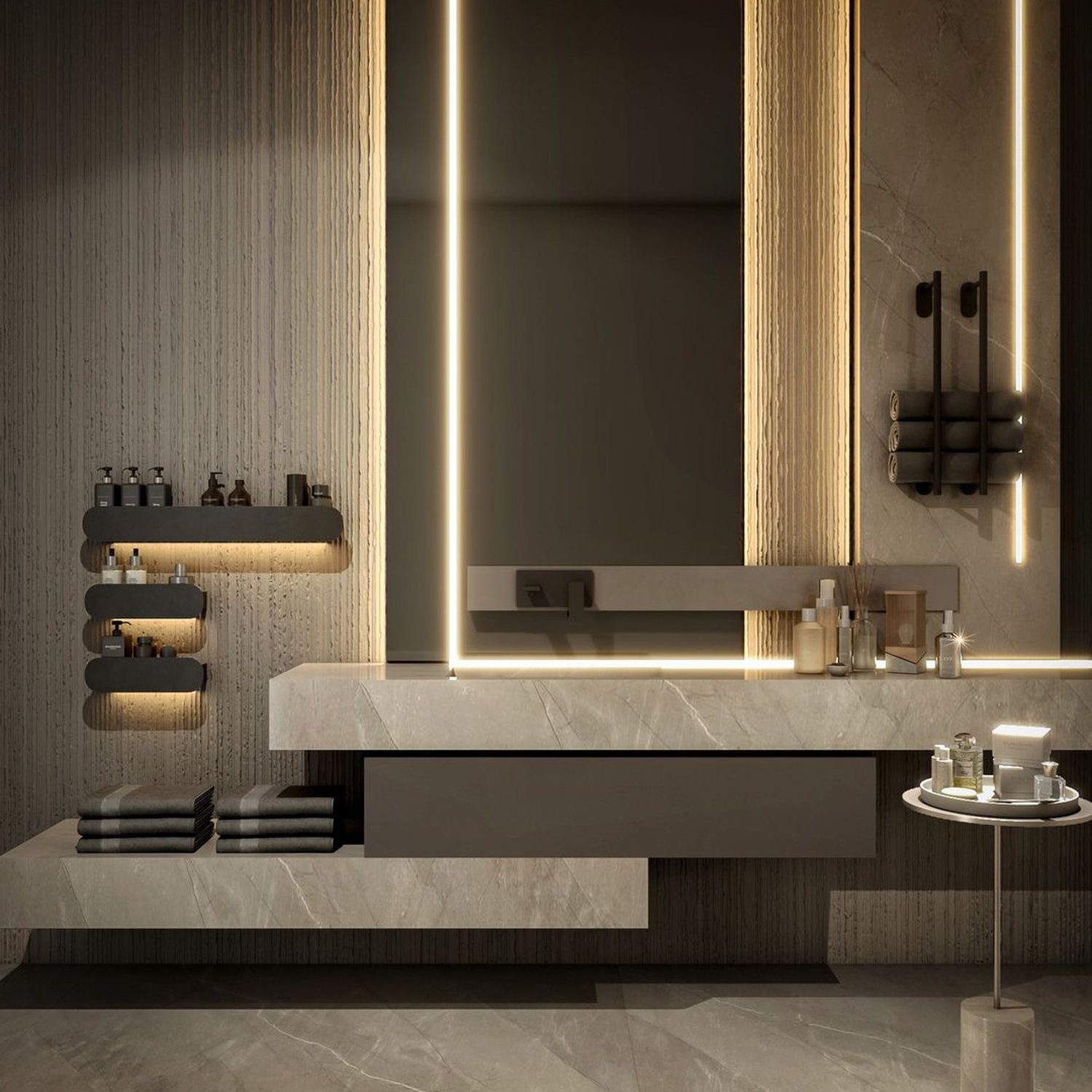 A modern and elegantly designed bathroom vanity with sophisticated lighting