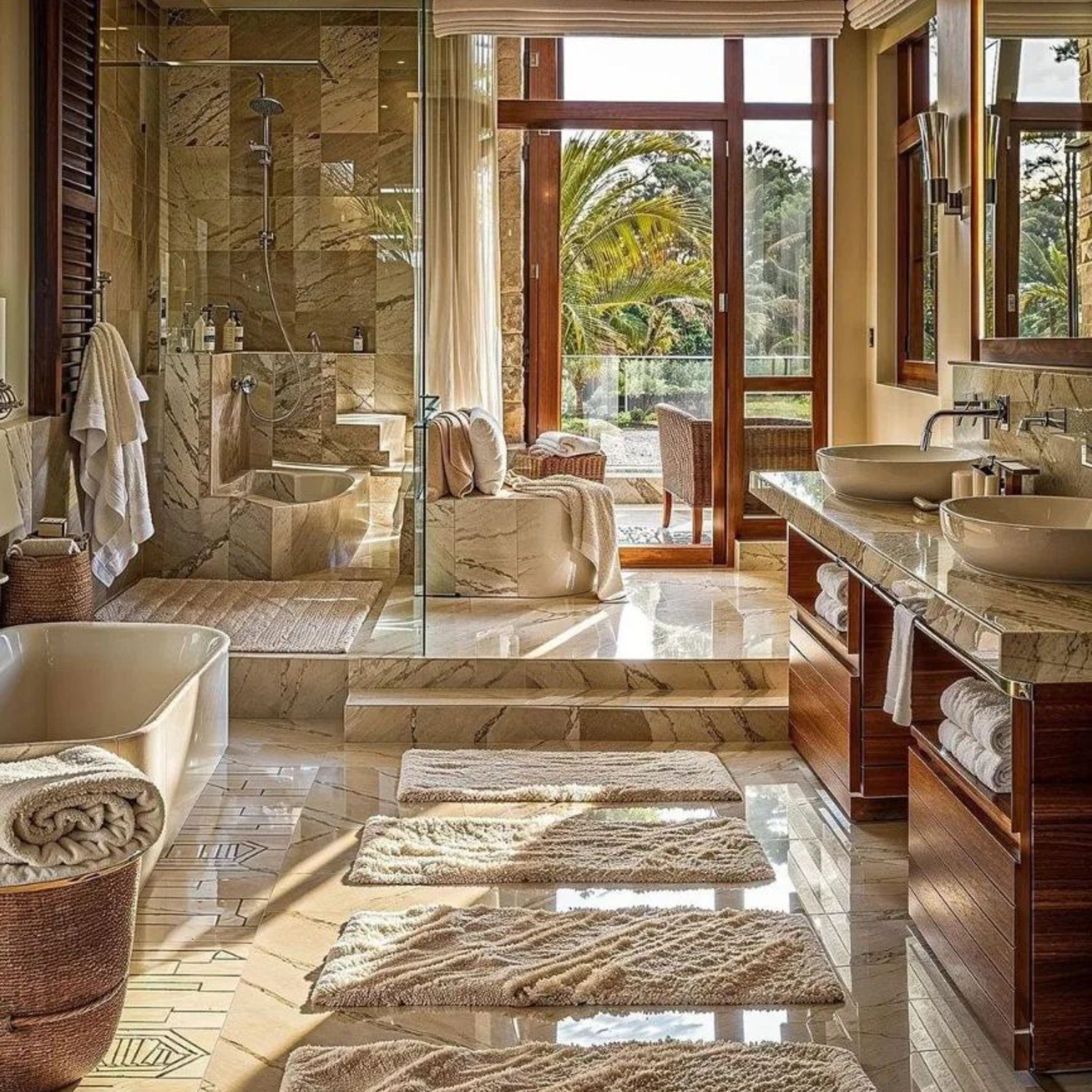 Luxurious modern bathroom with natural light streaming through large windows