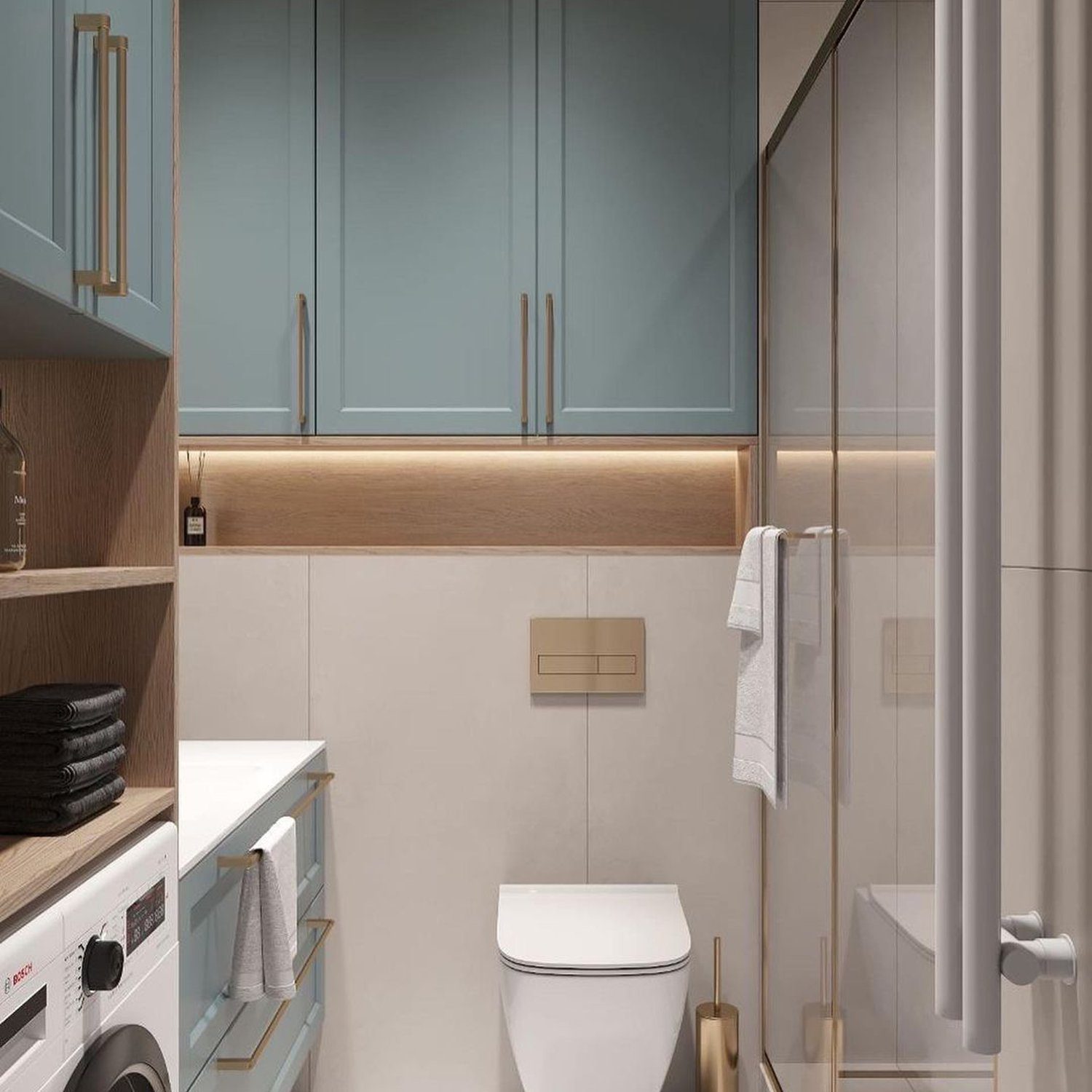 A neatly organized modern bathroom featuring a washer and integrated cabinetry