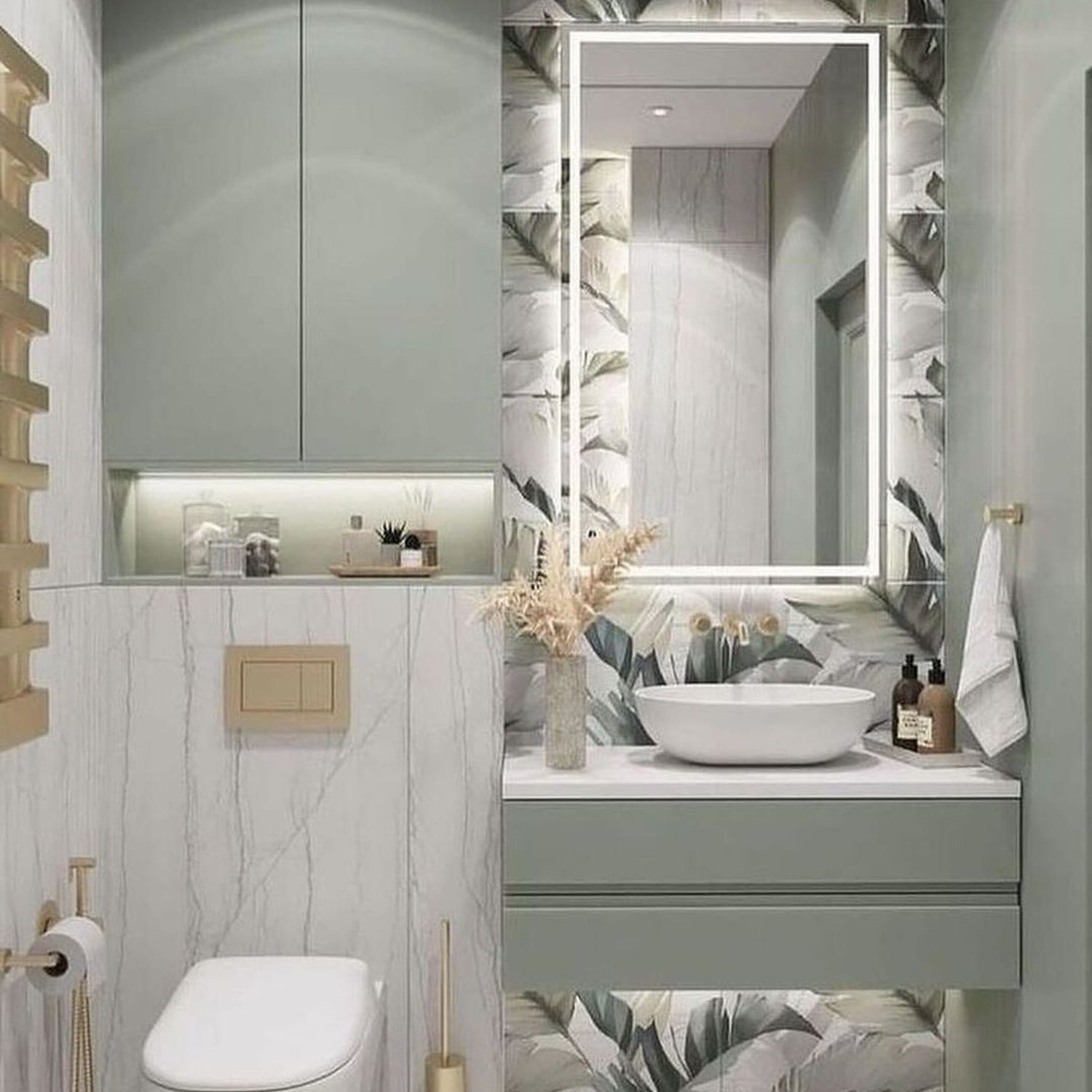 Elegantly designed bathroom with botanical wallpaper