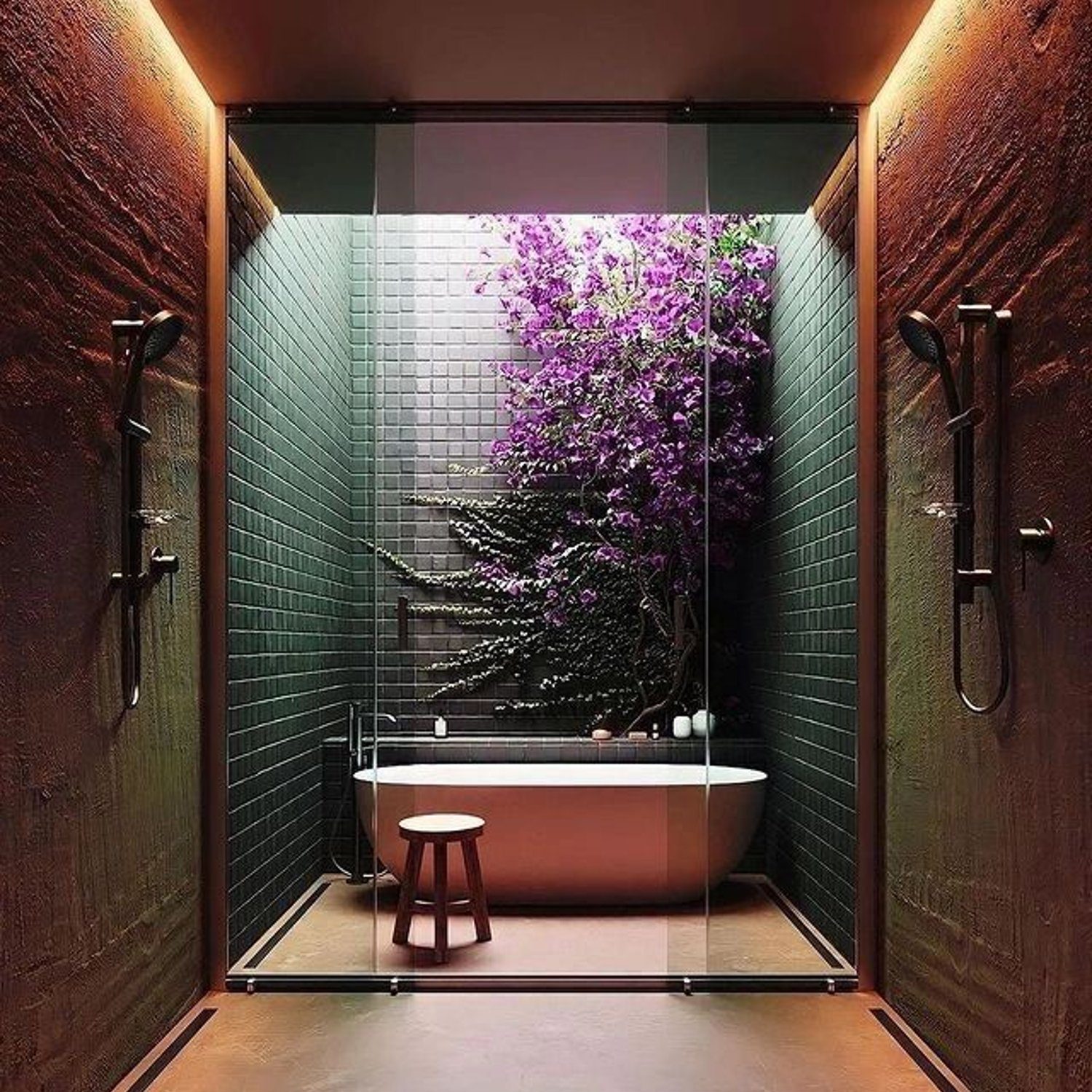 A serene and modern bathroom design, boasting a vivid purple bougainvillea, against dark green tiles, accented by a sleek free-standing tub