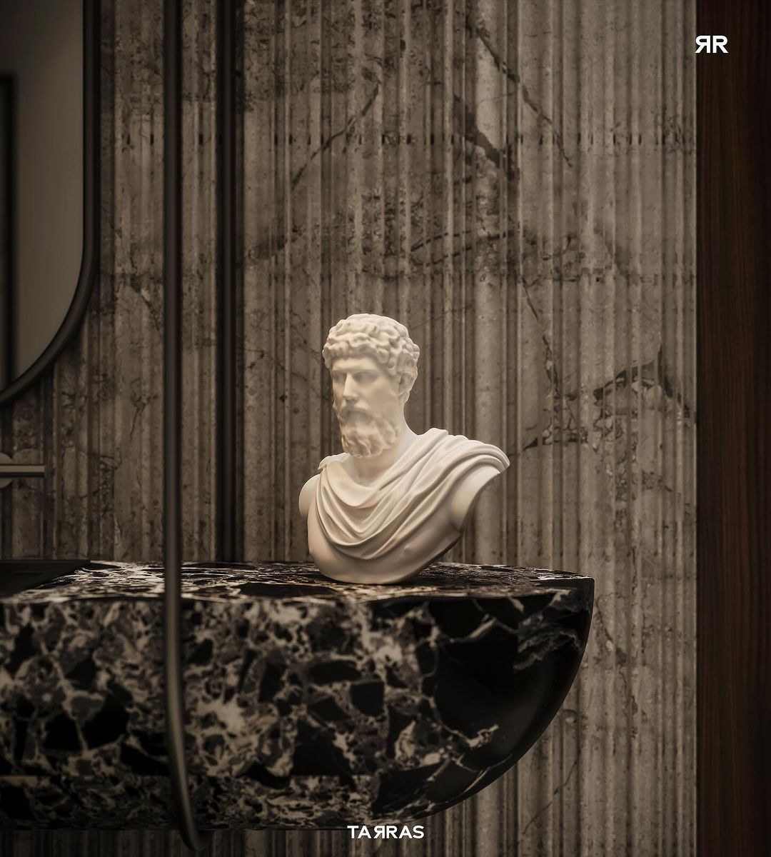 A modern bathroom featuring a unique stone sink topped with a classic bust sculpture