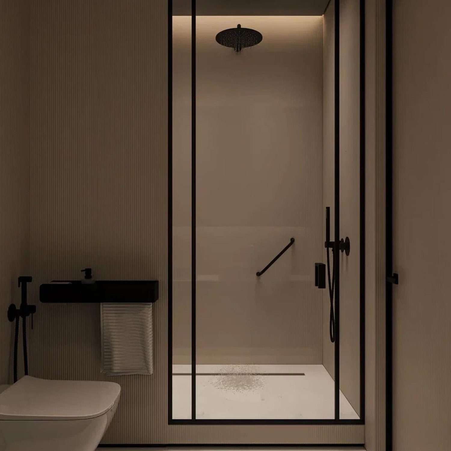 Minimalist bathroom design featuring sleek fixtures and subtle lighting