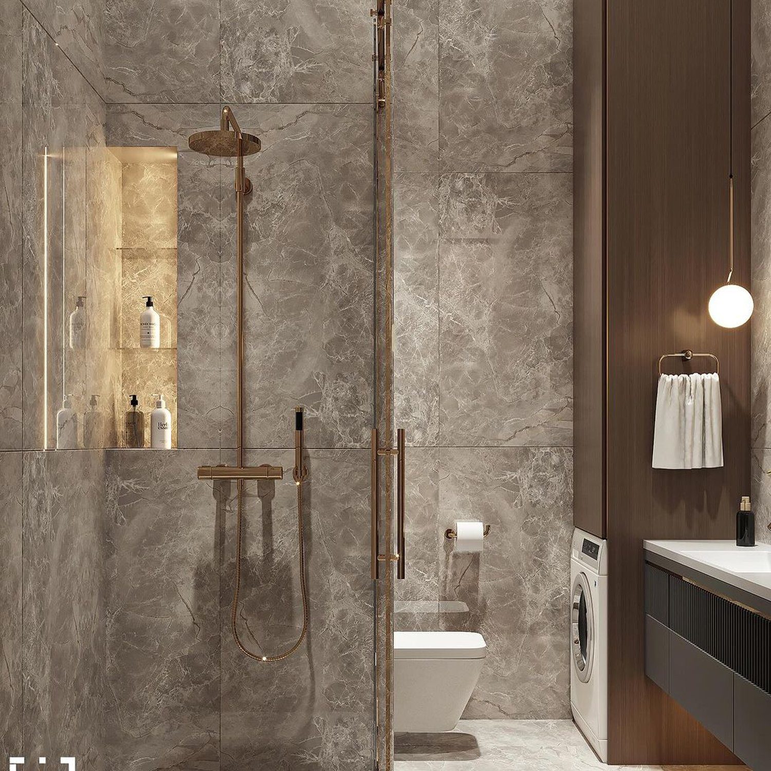 Contemporary bathroom with marble-effect tiles