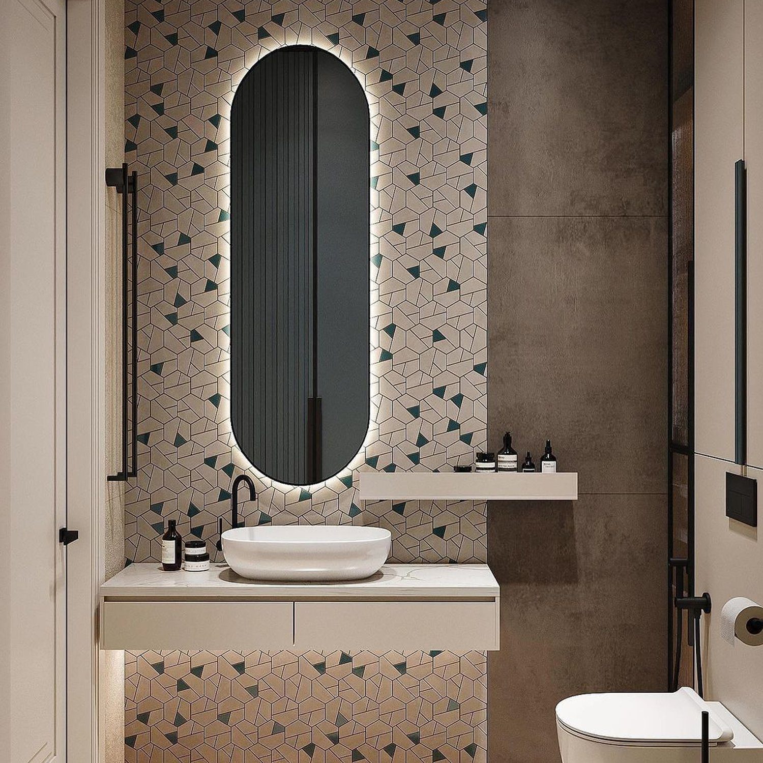 A modern bathroom with geometric tile patterns