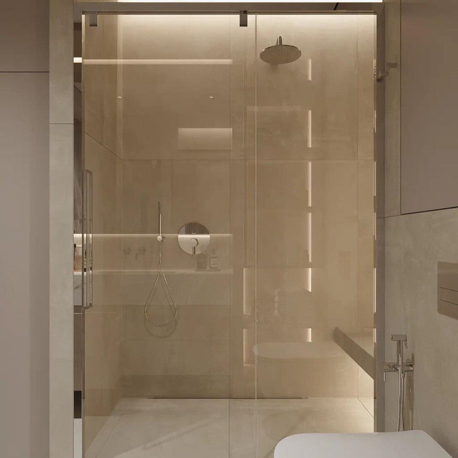 Elegant beige-toned bathroom with walk-in shower