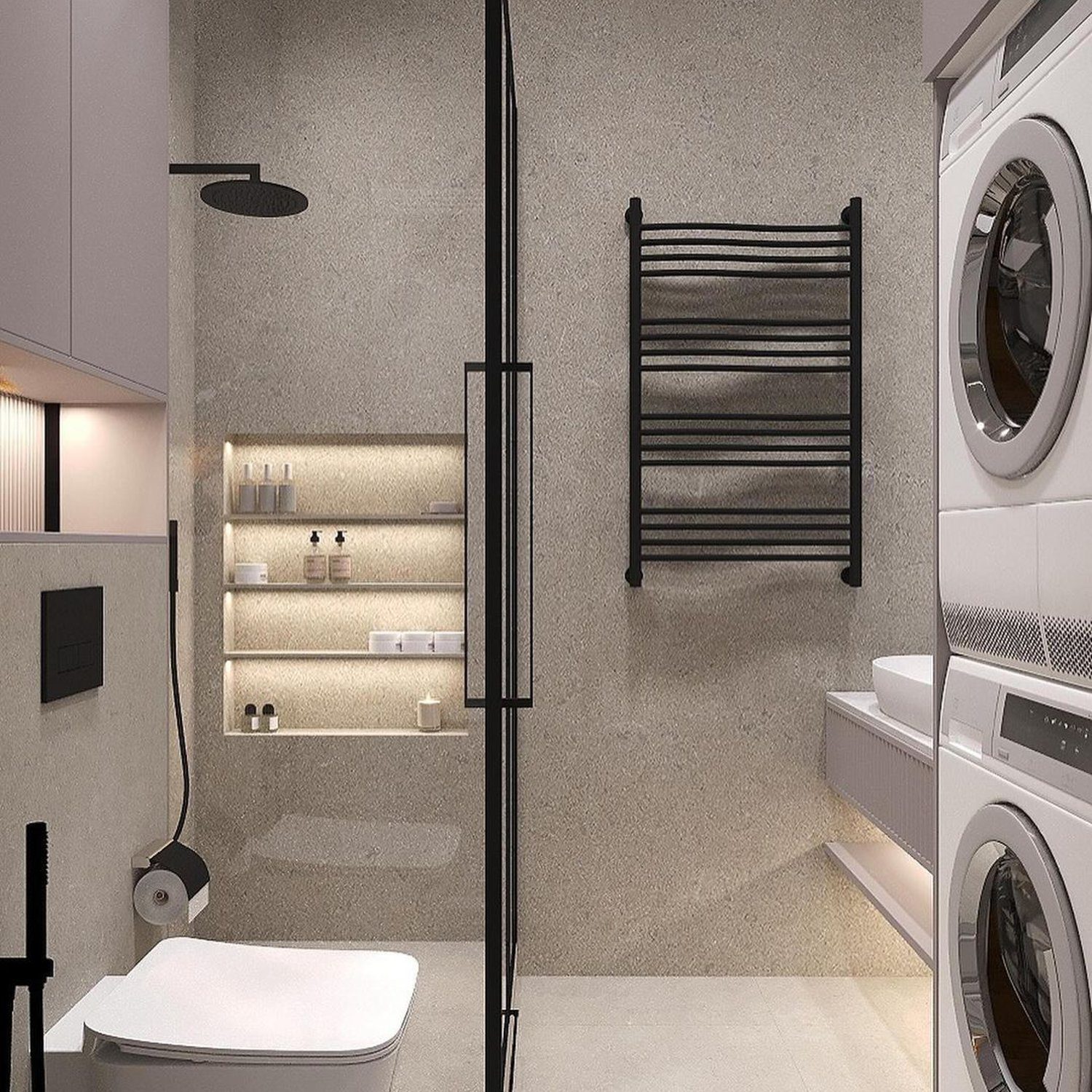 A modern and functional bathroom incorporating laundry facilities