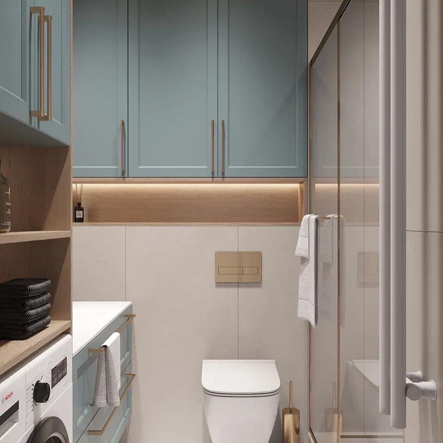 A compact and modern bathroom with integrated laundry facilities