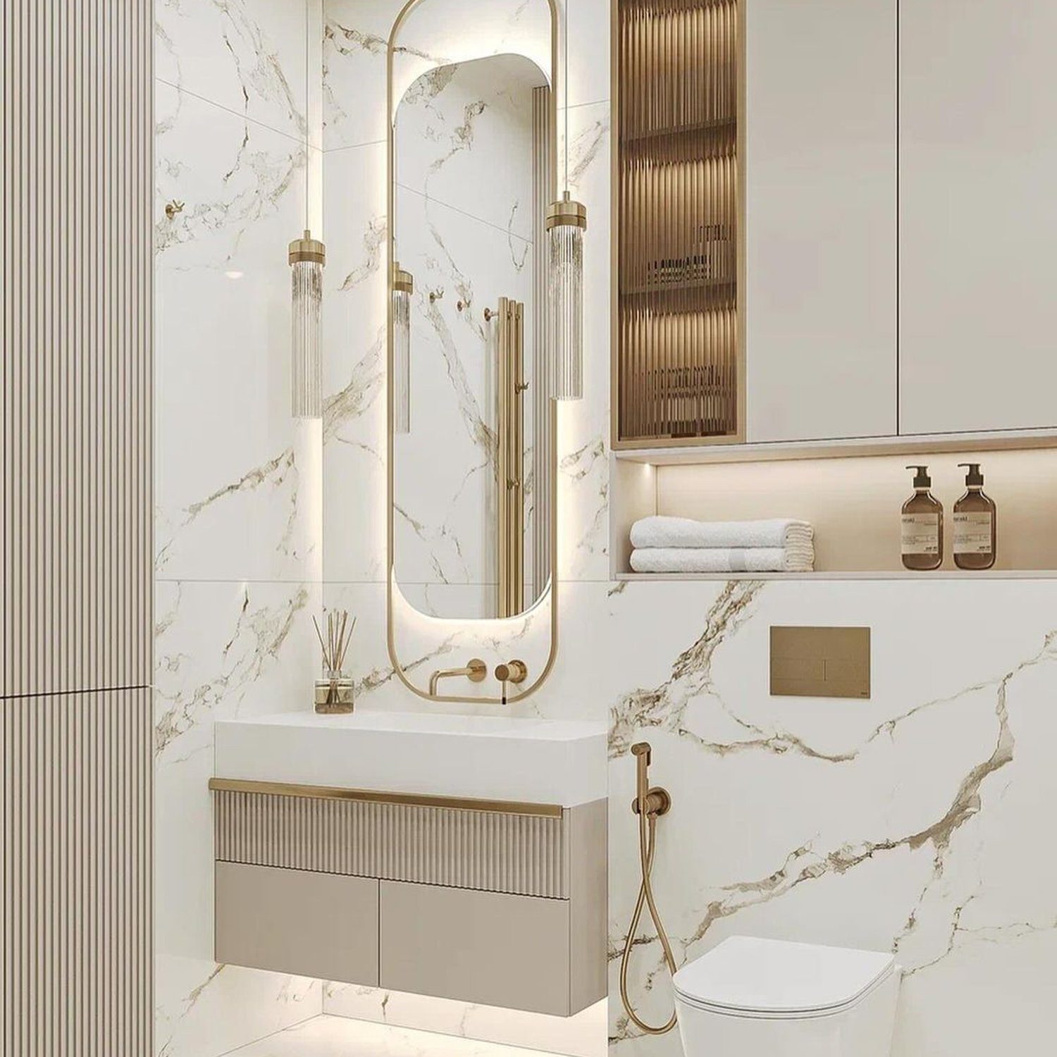 Elegant and modern bathroom design featuring marble walls with bold veining