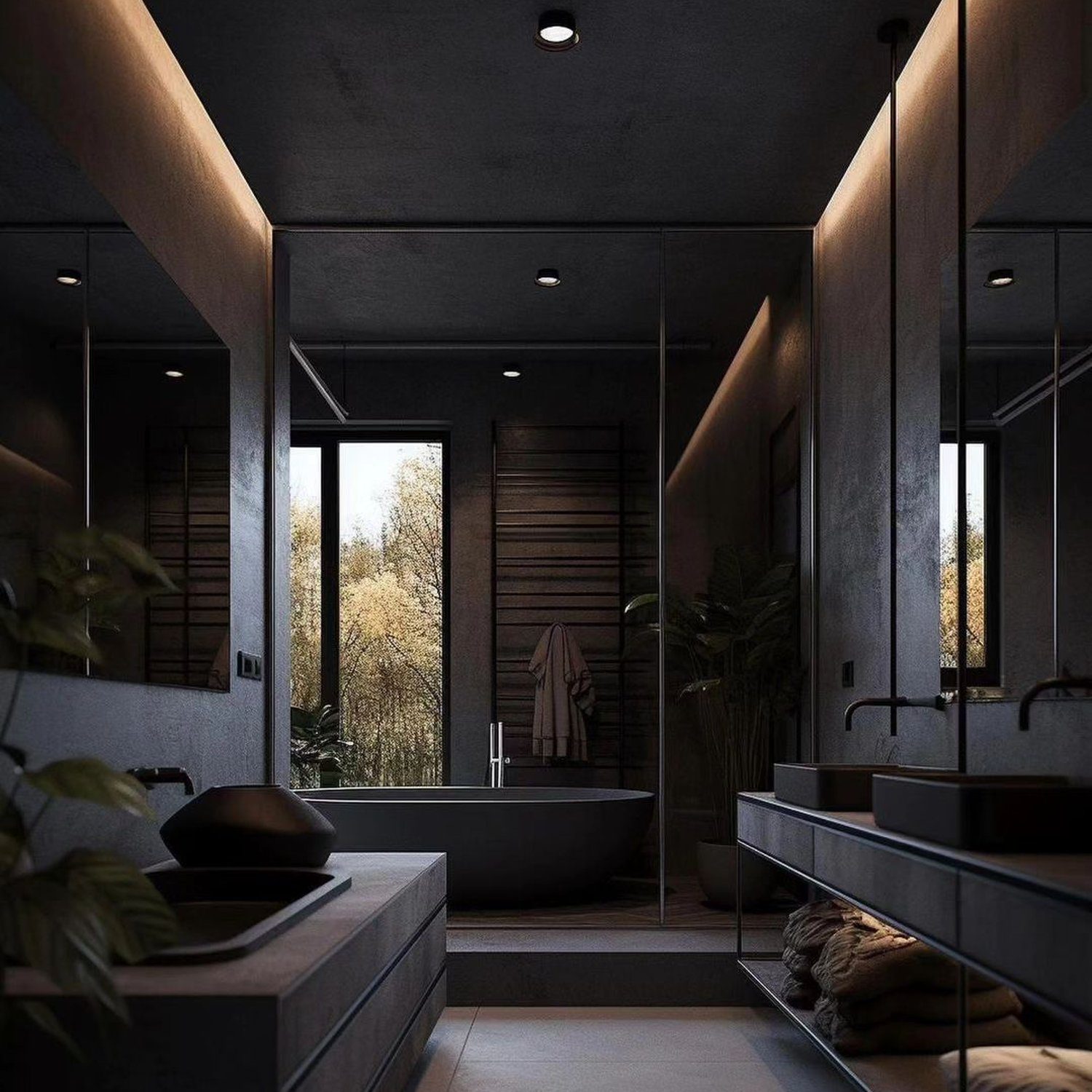 A modern bathroom with a minimalist design featuring a freestanding bathtub