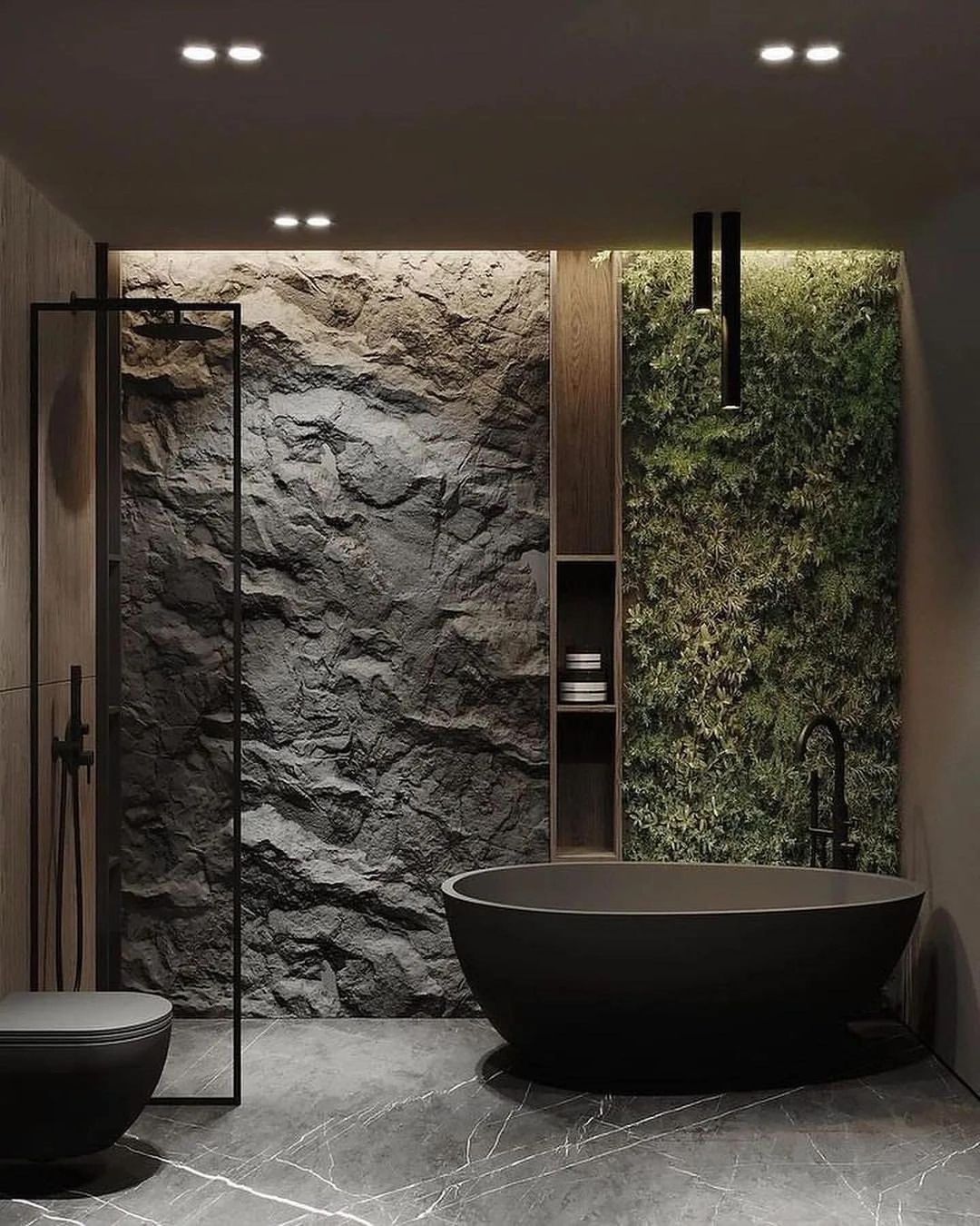 A modern bathroom featuring a freestanding black bathtub