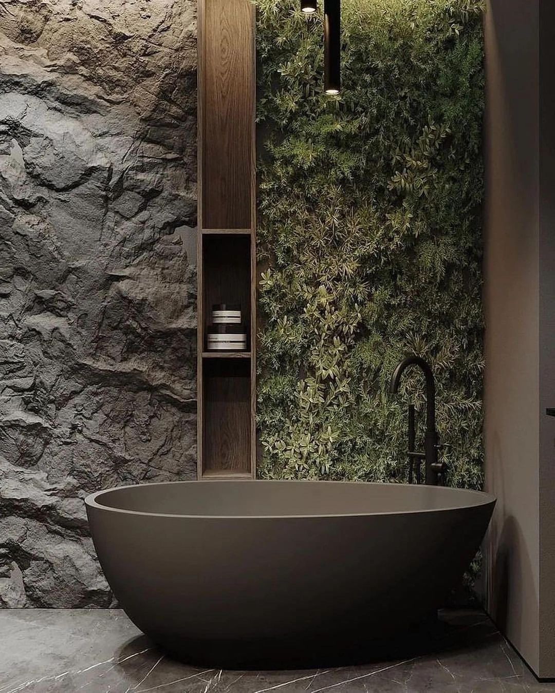 A modern bathroom with natural textures