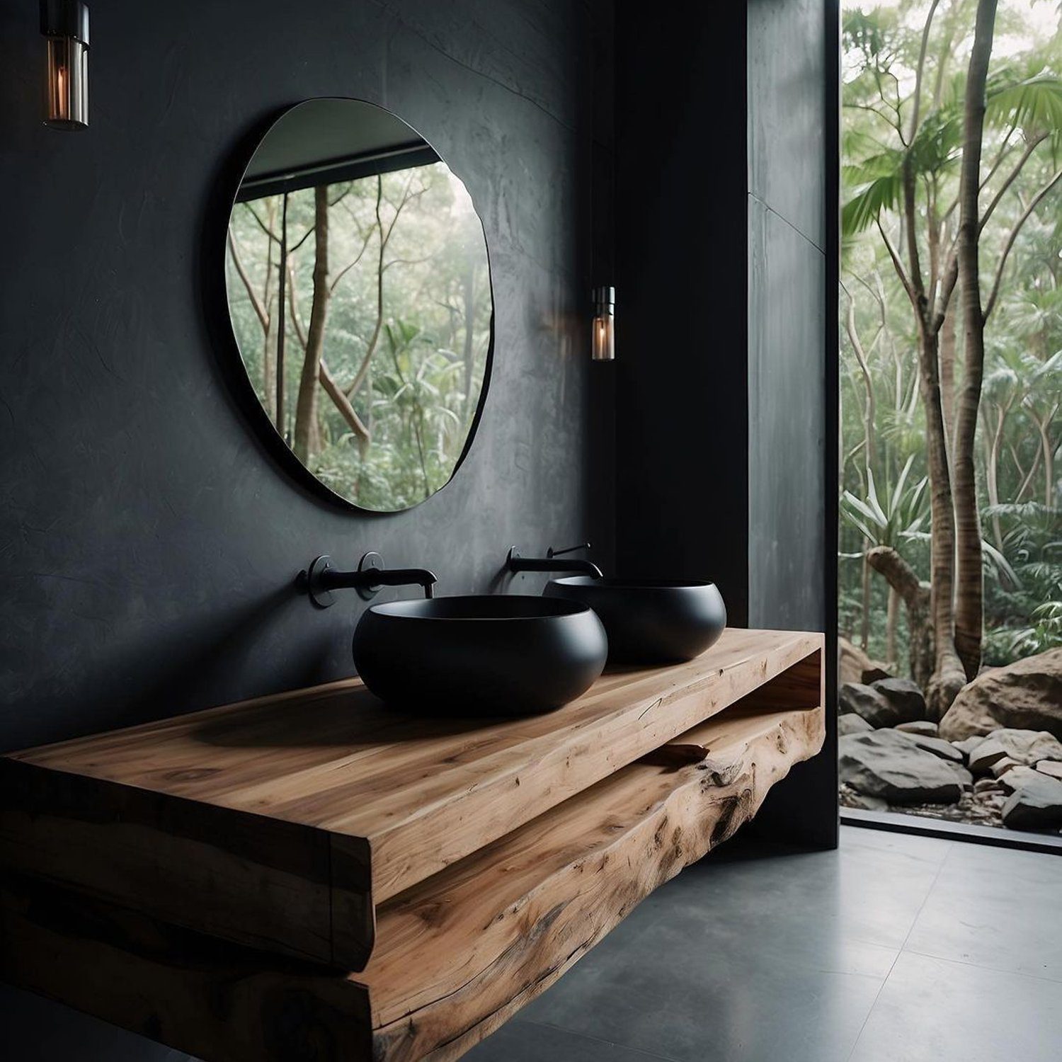 A modern and minimalist bathroom with a view of the lush greenery outside