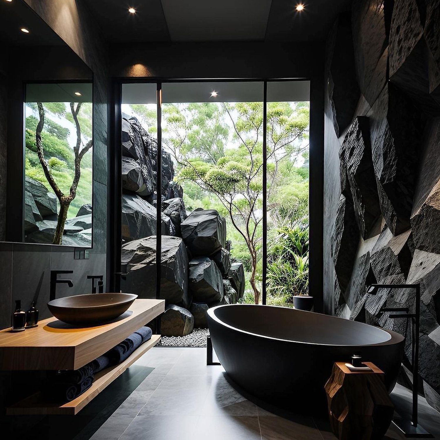 A luxurious bathroom with an outdoor view