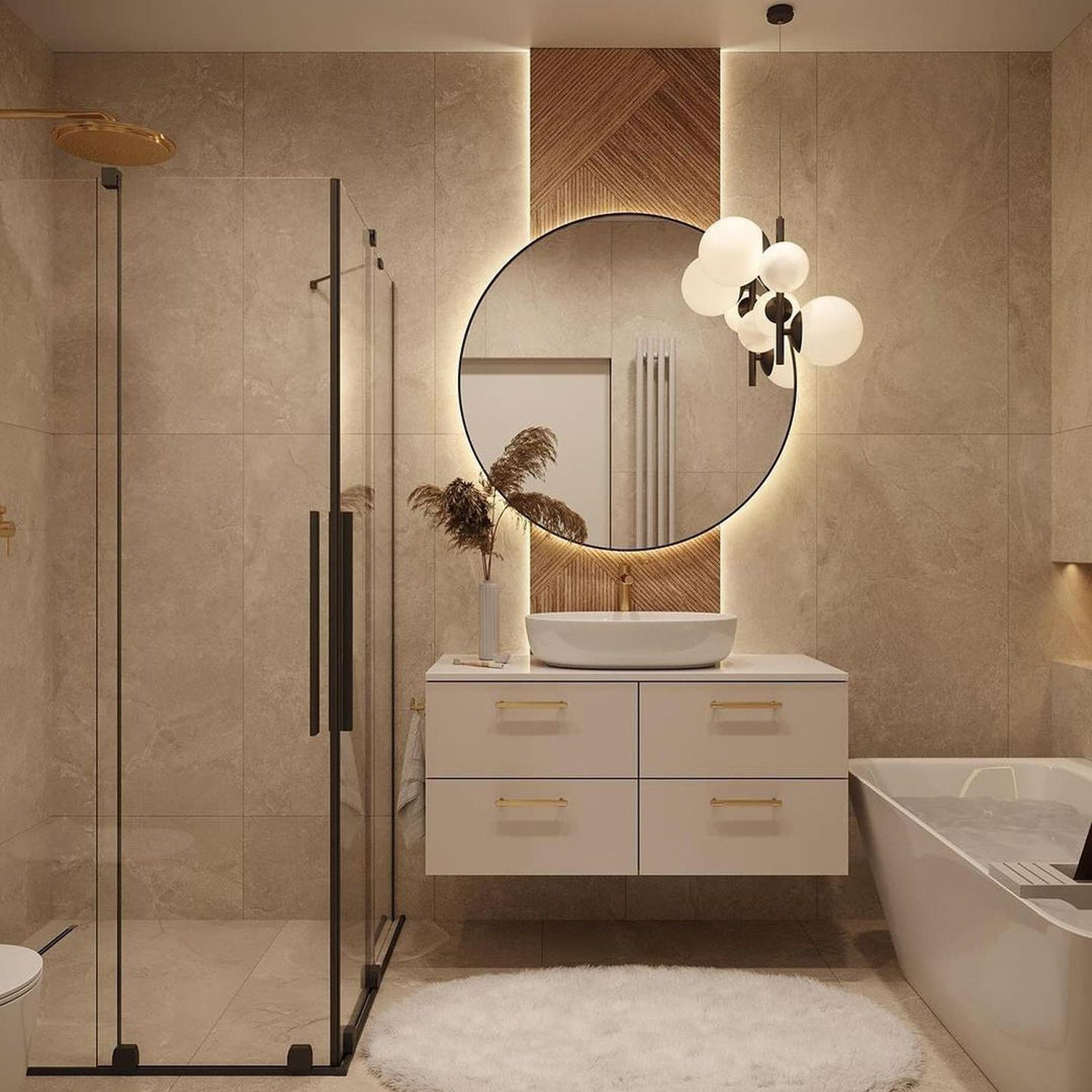 Elegant modern bathroom with neutral tones and sophisticated fixtures