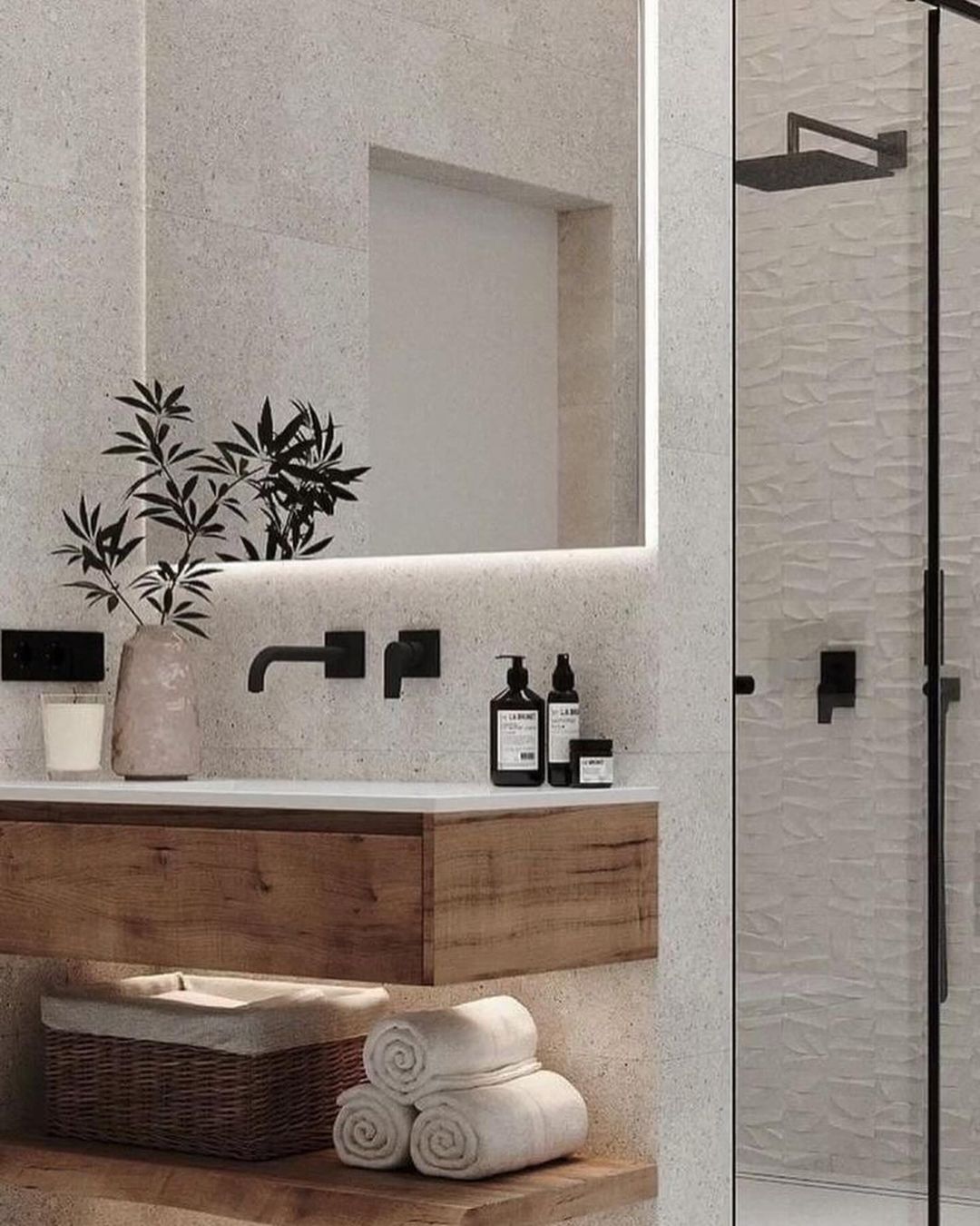 A modern bathroom with neutral tones