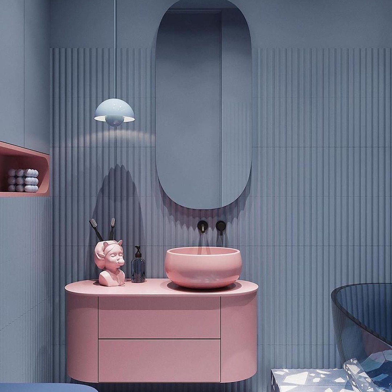 A chic modern bathroom featuring a pink basin