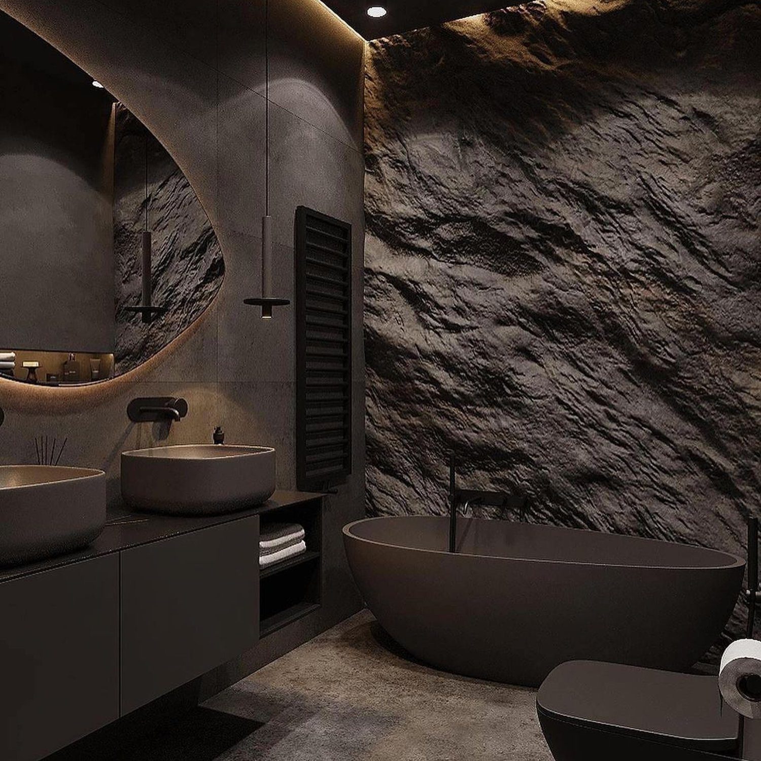 A modern bathroom with a rock-wall feature