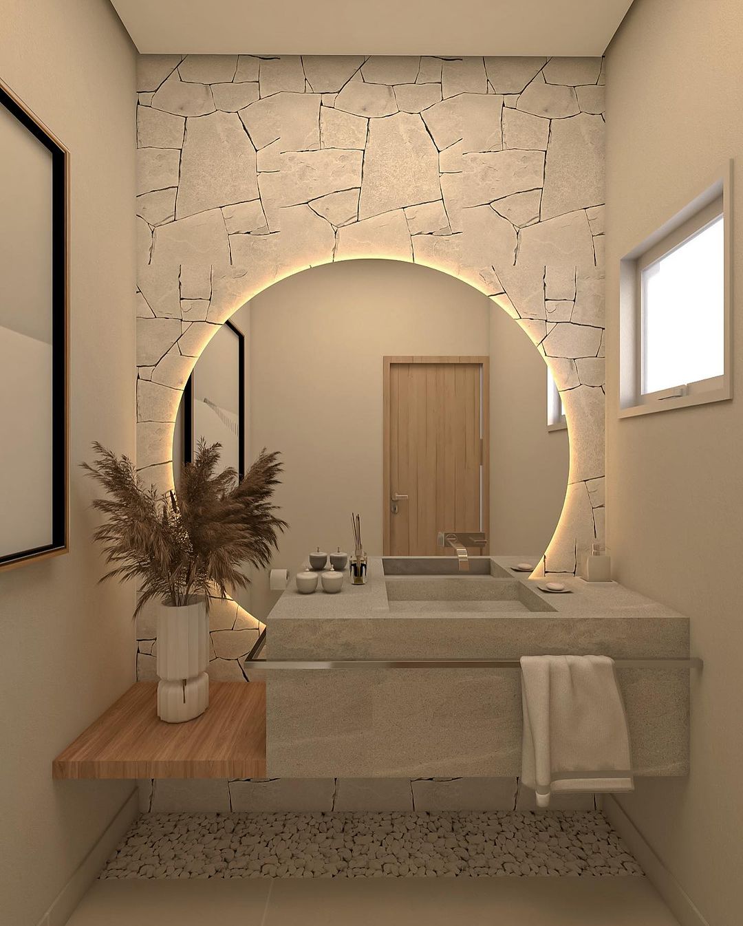 A modern bathroom showcasing a textured archway