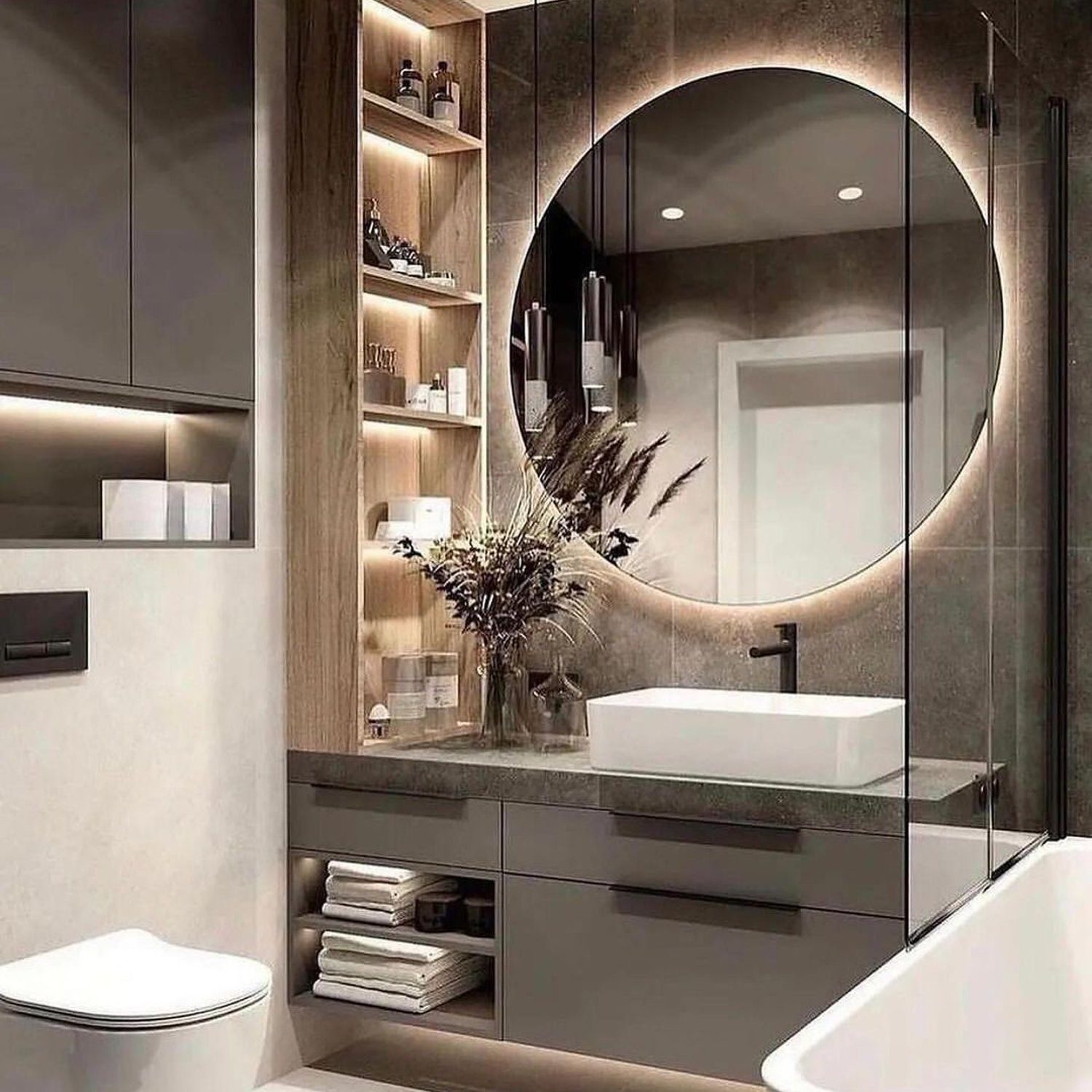 Elegant and modern bathroom design featuring warm wood tones and sleek grey finishes