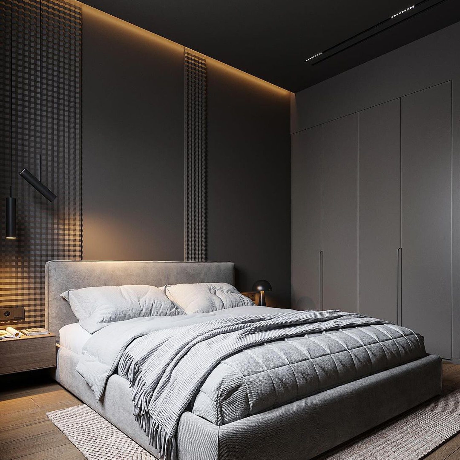 A modern bedroom with a dark theme