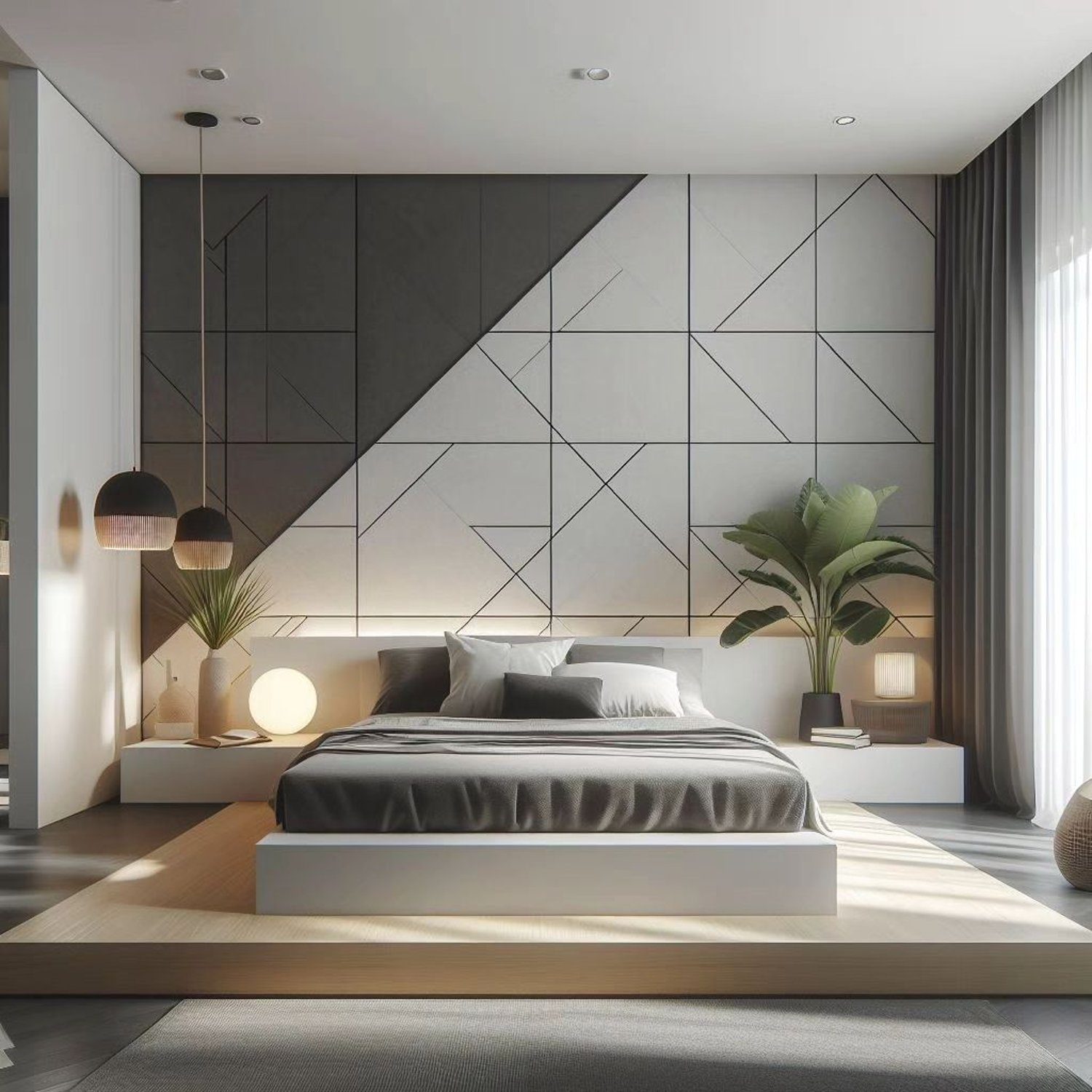 Modern geometric bedroom design with elegant accents