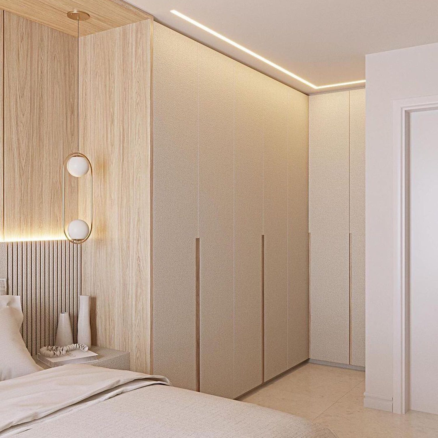 Elegant and contemporary bedroom design featuring seamless integration of wood and subtle textures