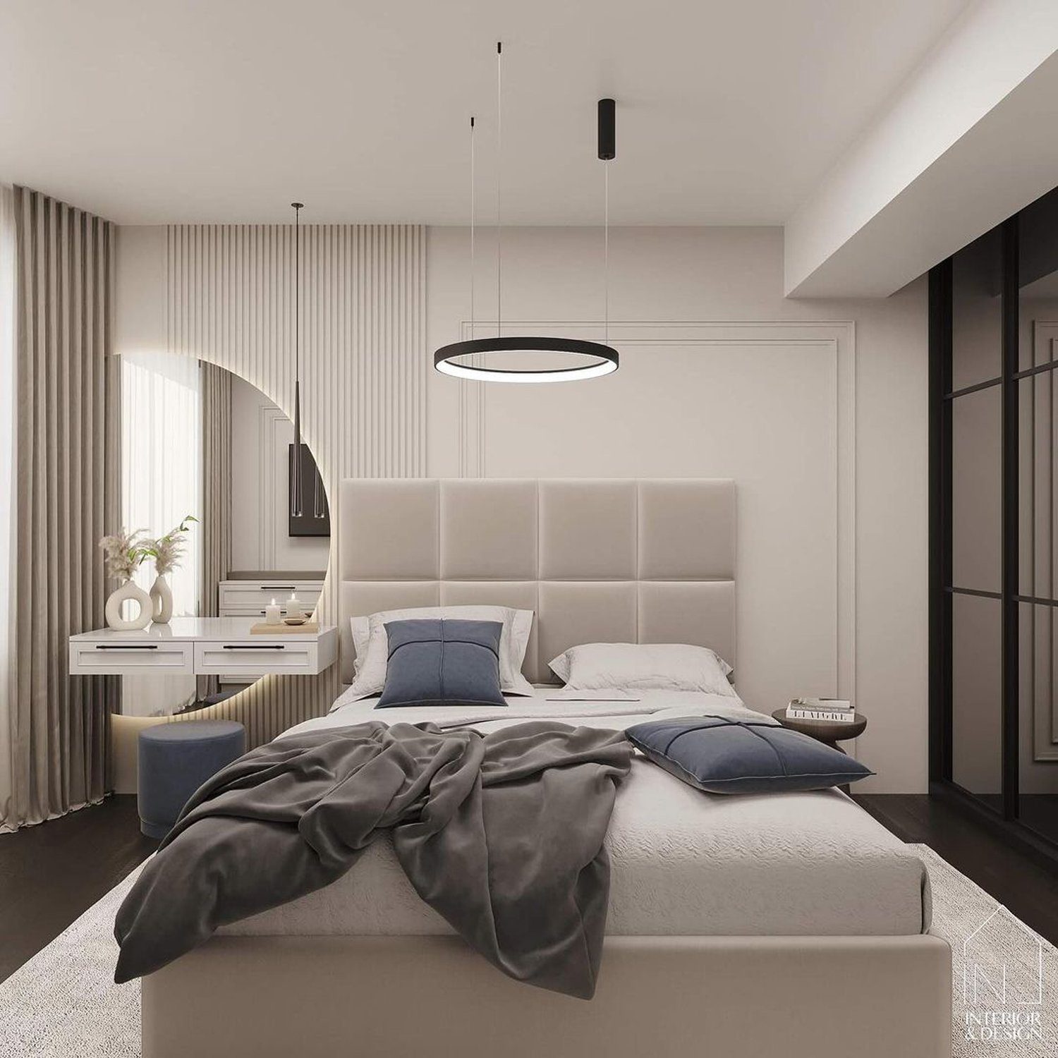 Elegant modern bedroom design featuring a soft color palette and sleek furnishings